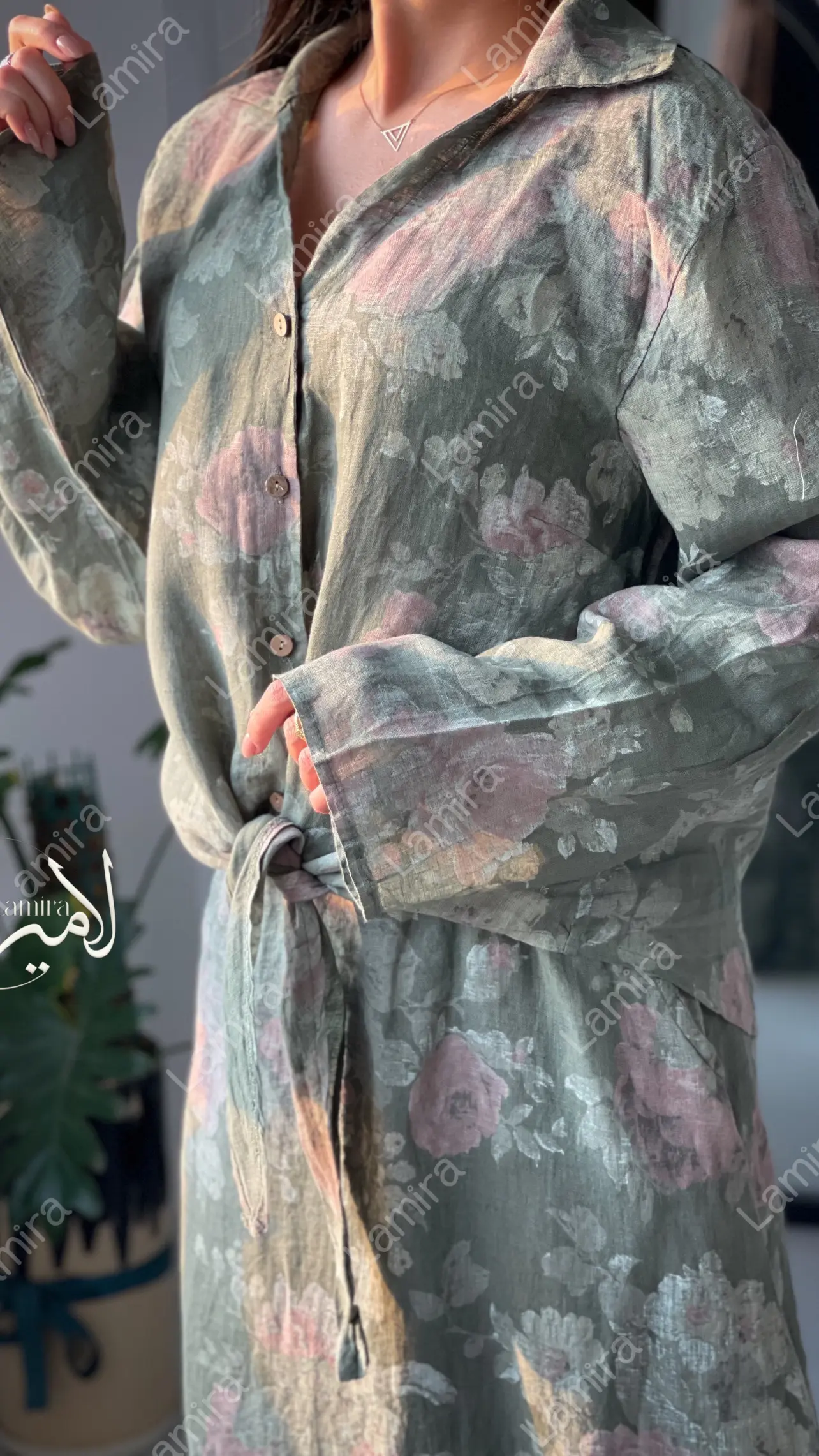 شومیز لینن ایتالیایی گره ای طرح گل رز