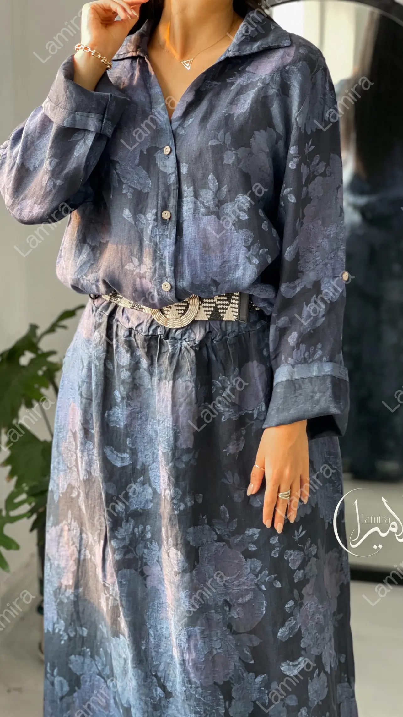 شومیز لینن ایتالیایی گره ای طرح گل رز