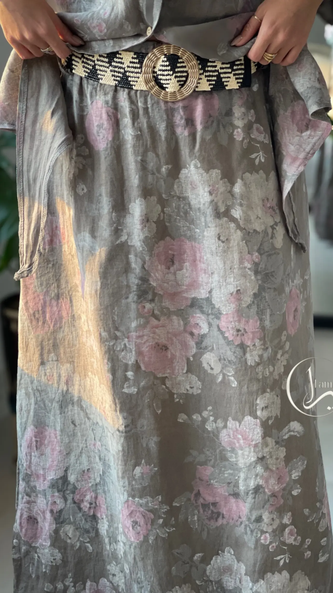 دامن کمربندار لینن ایتالیایی طرح گل رز