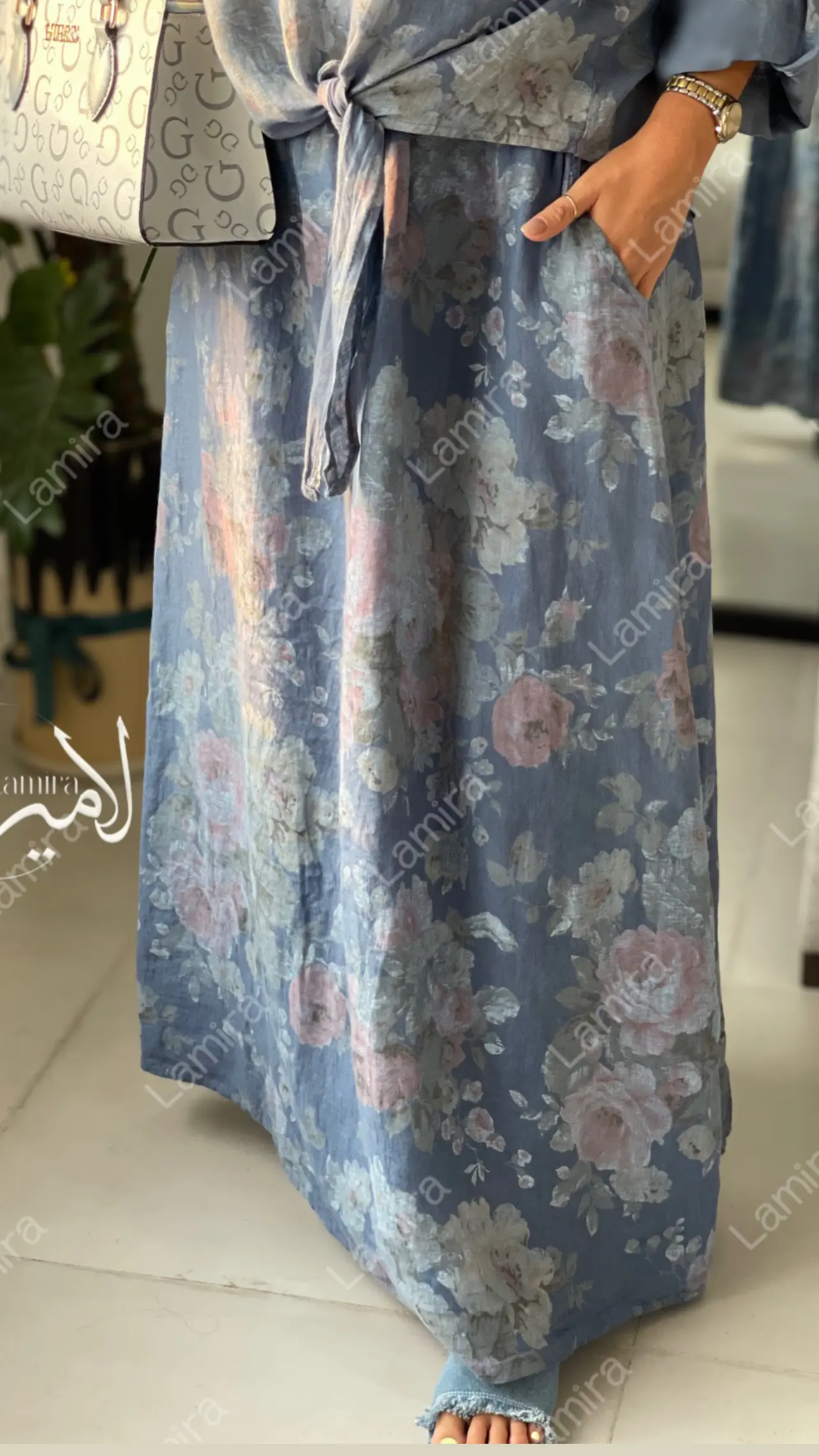 دامن کمربندار لینن ایتالیایی طرح گل رز