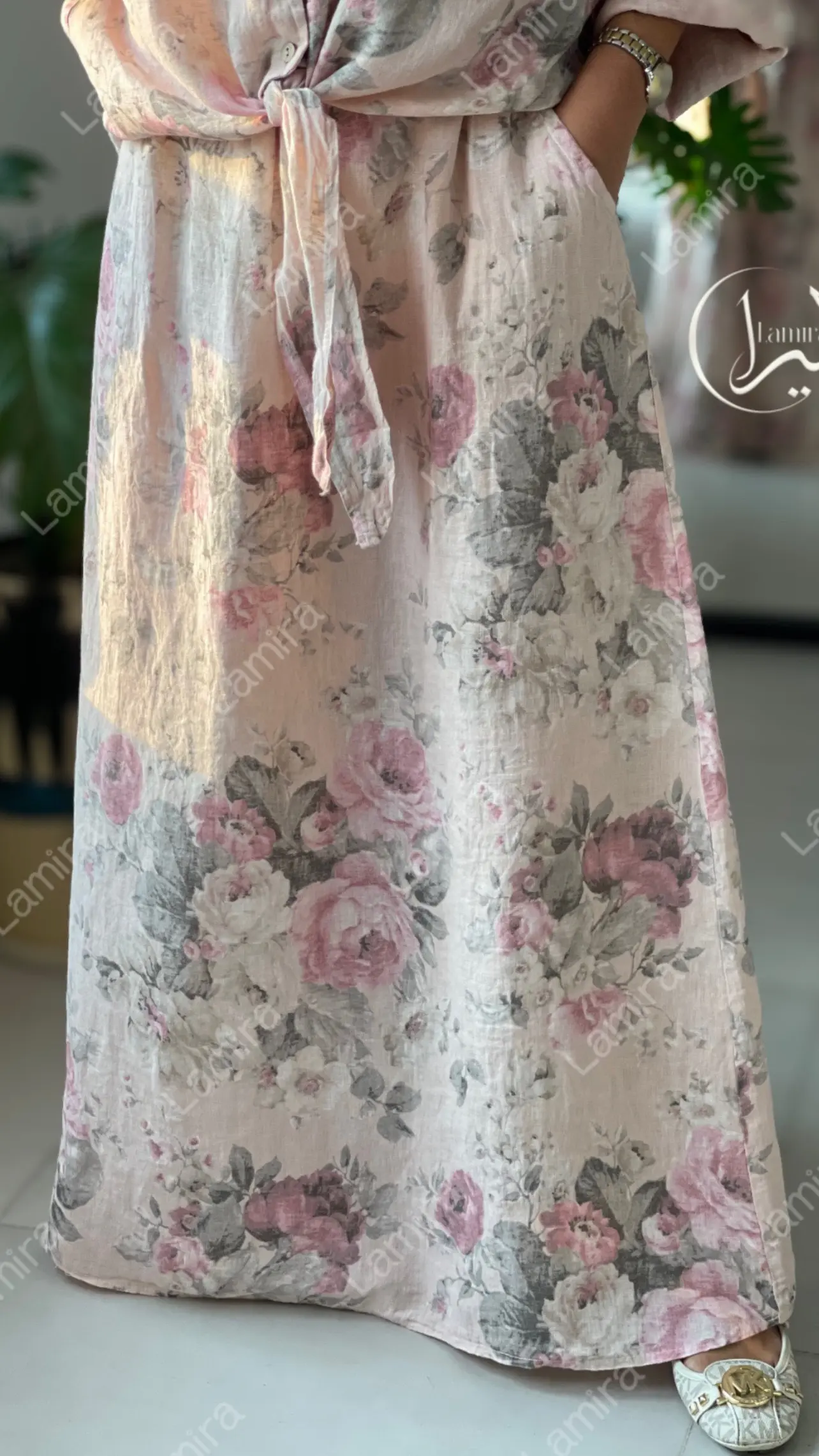 دامن کمربندار لینن ایتالیایی طرح گل رز