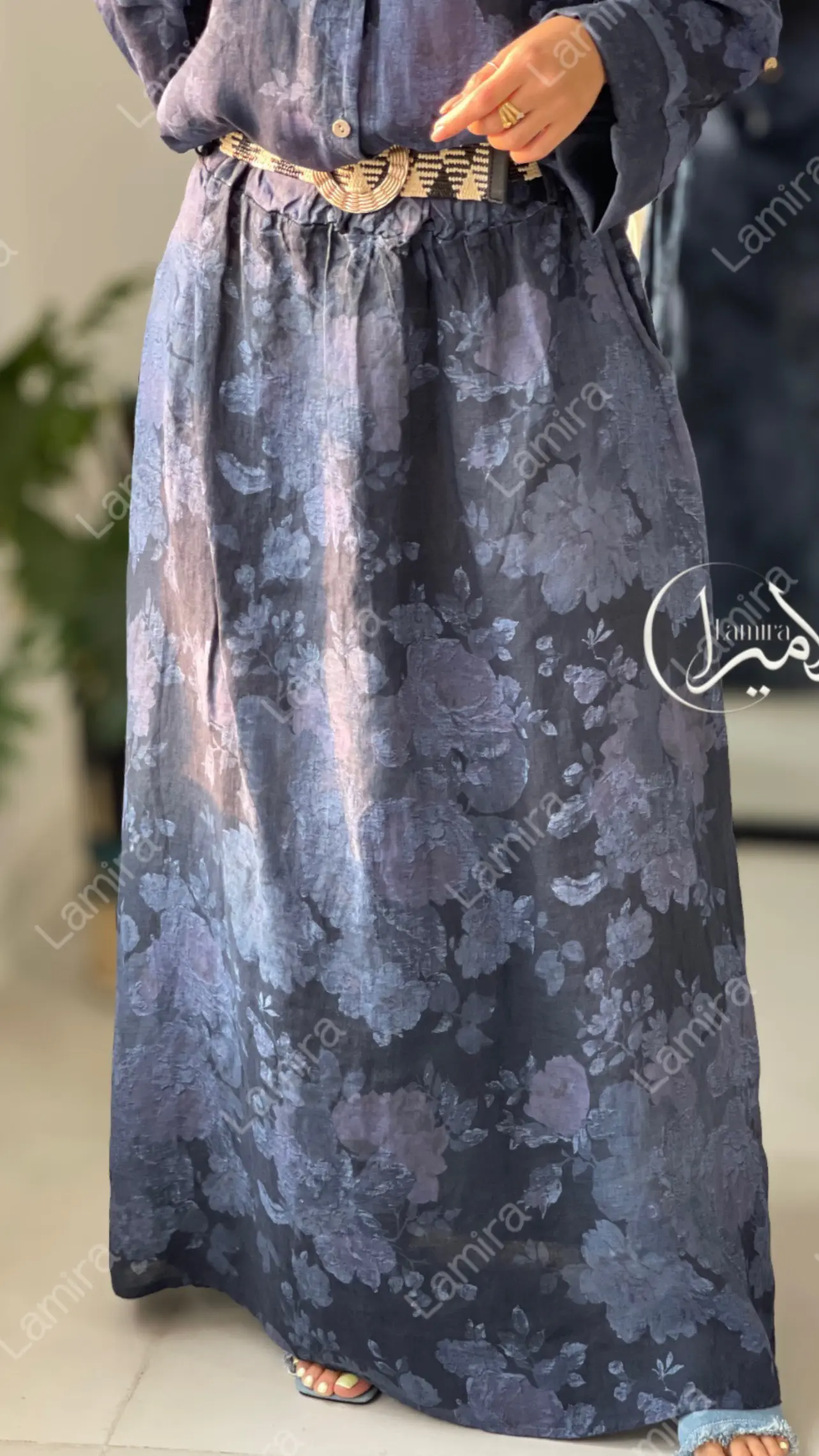 دامن کمربندار لینن ایتالیایی طرح گل رز