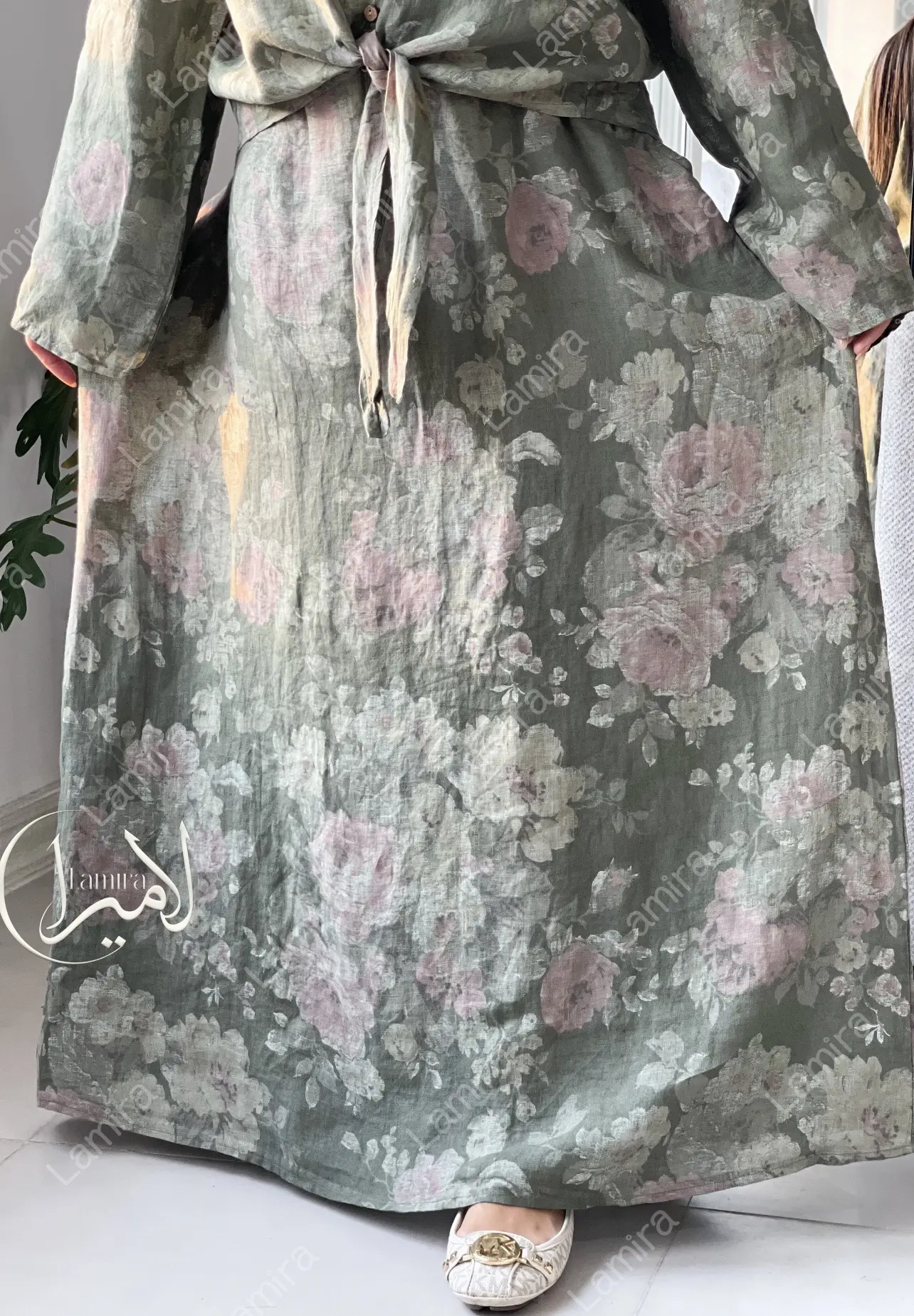 دامن کمربندار لینن ایتالیایی طرح گل رز