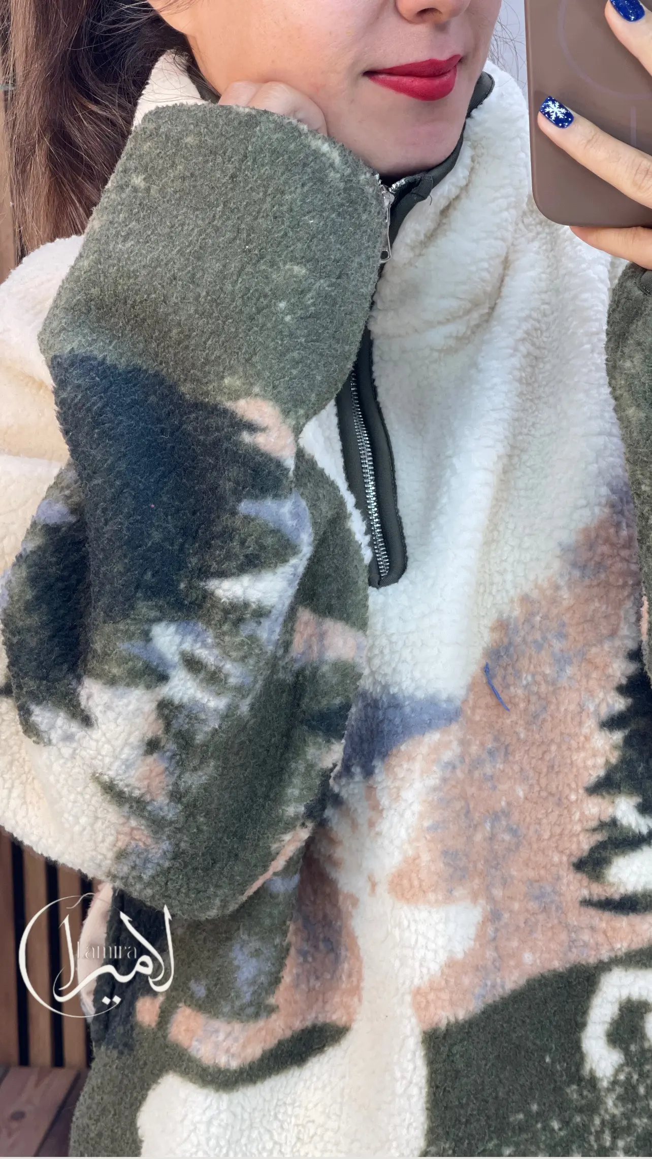 تدی نیم زیپ زمستونی طرح گوزن و کاج