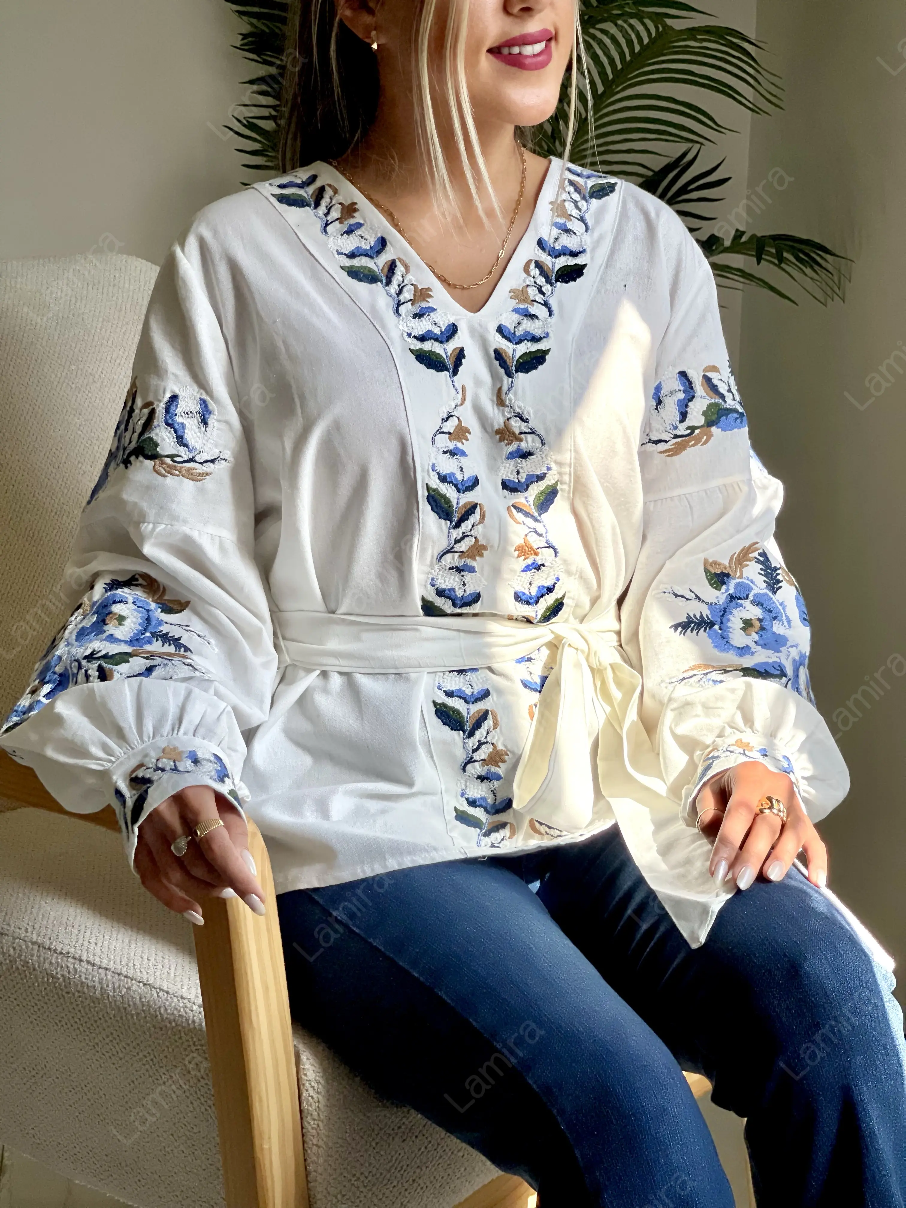 شومیز کمربندار گلدوزی ترک