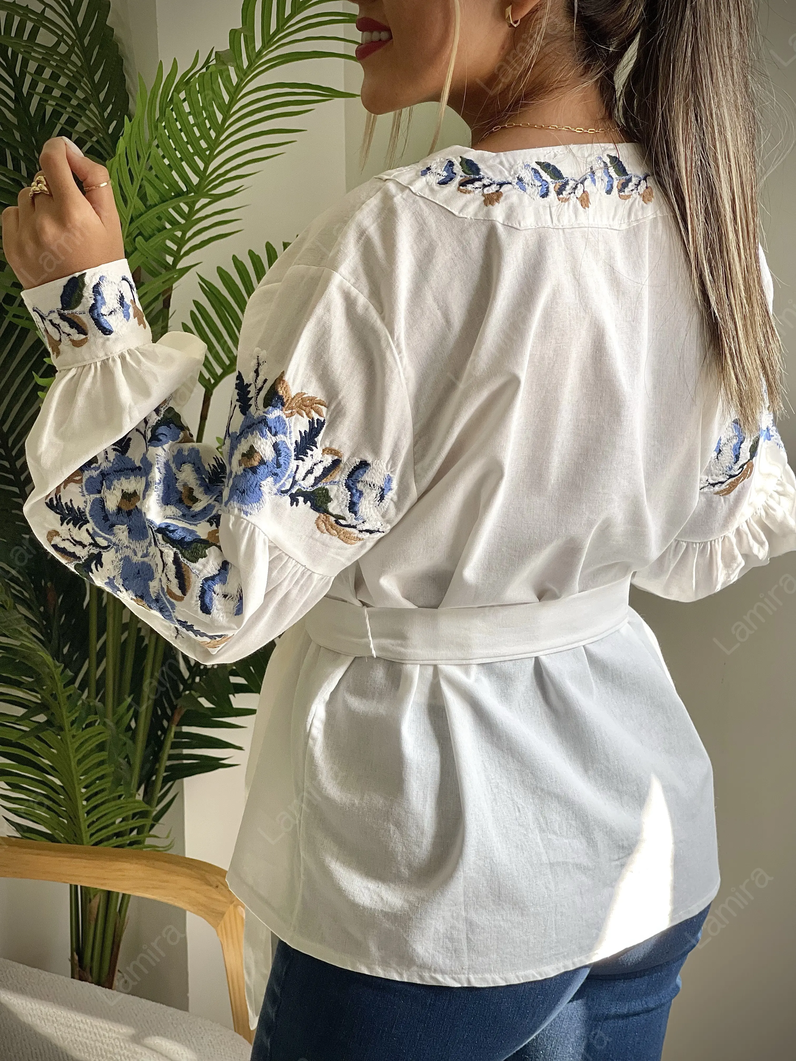 شومیز کمربندار گلدوزی ترک