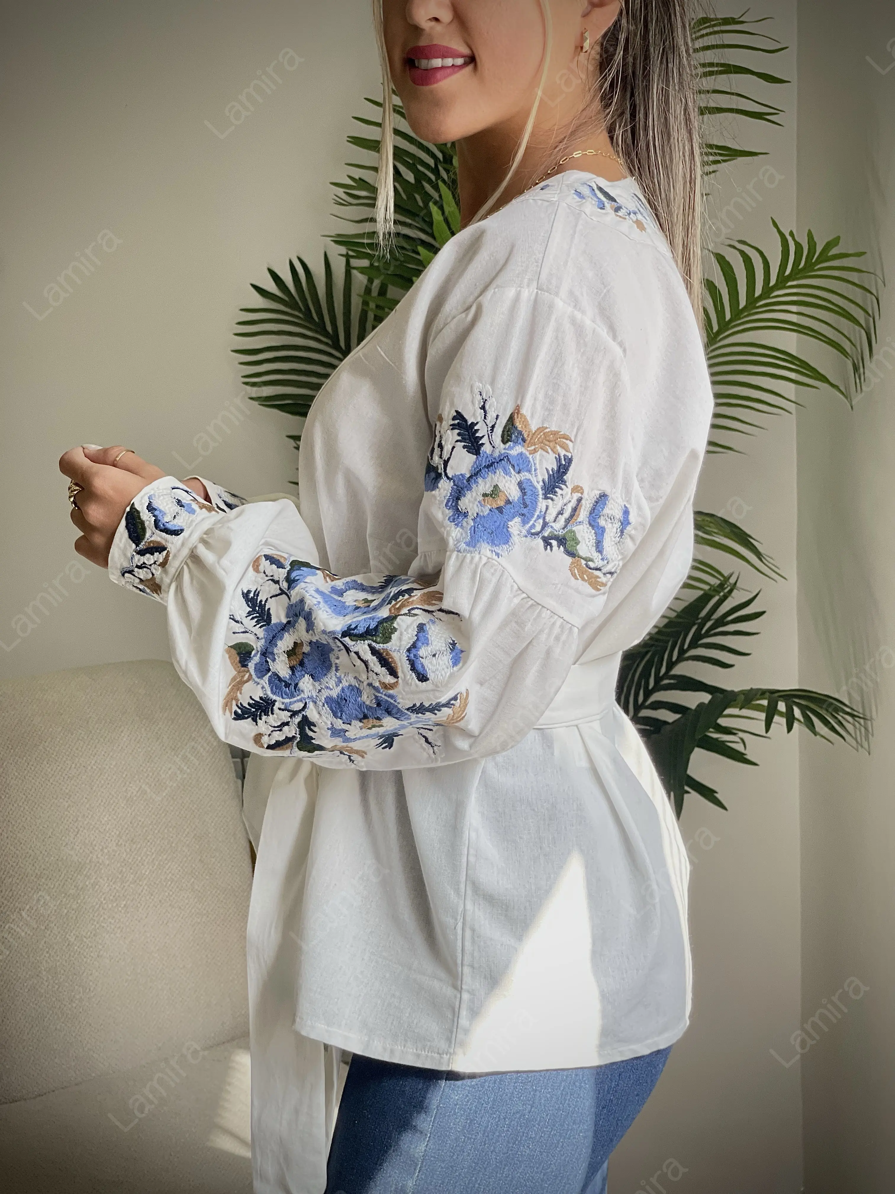 شومیز کمربندار گلدوزی ترک