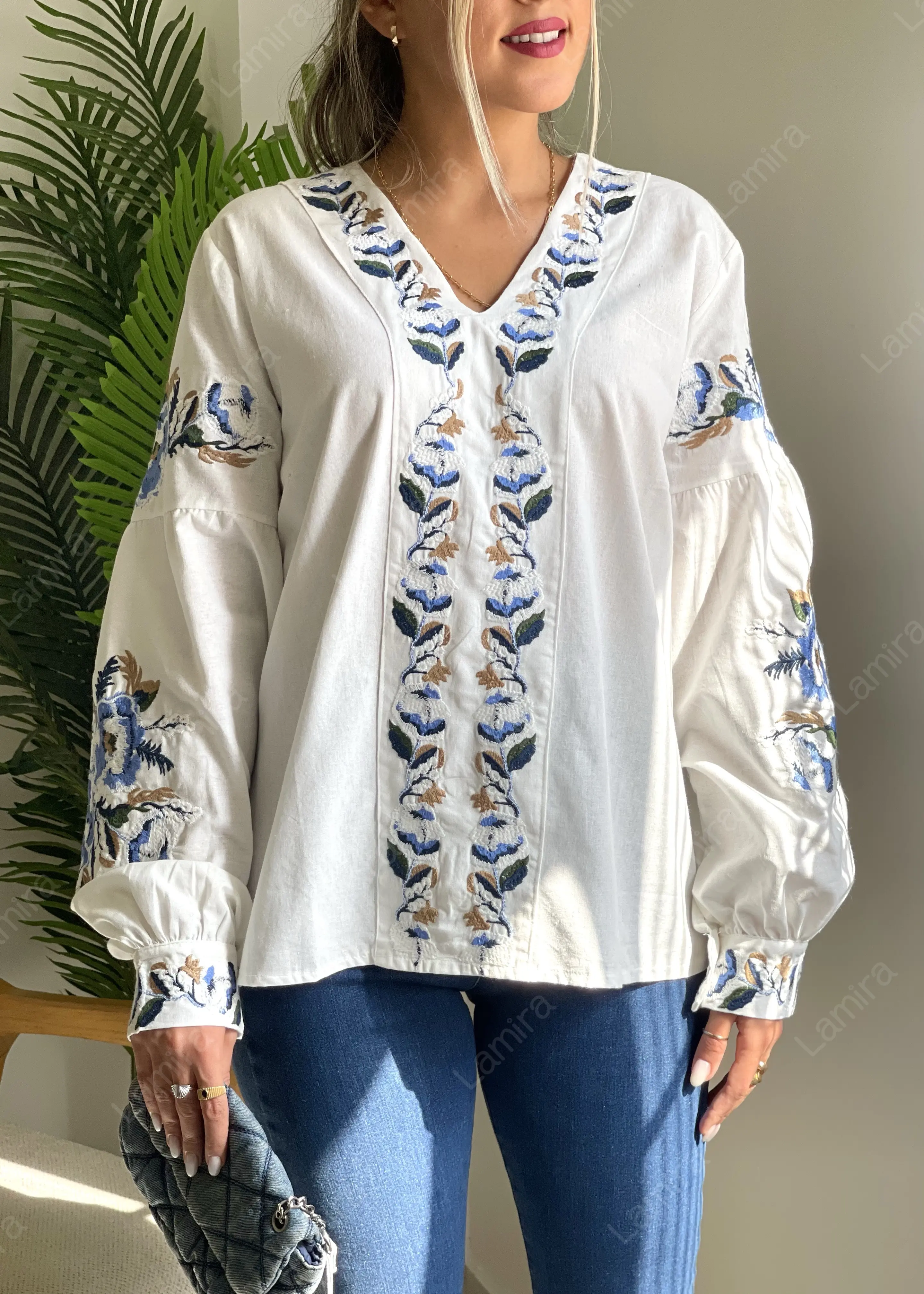 شومیز کمربندار گلدوزی ترک