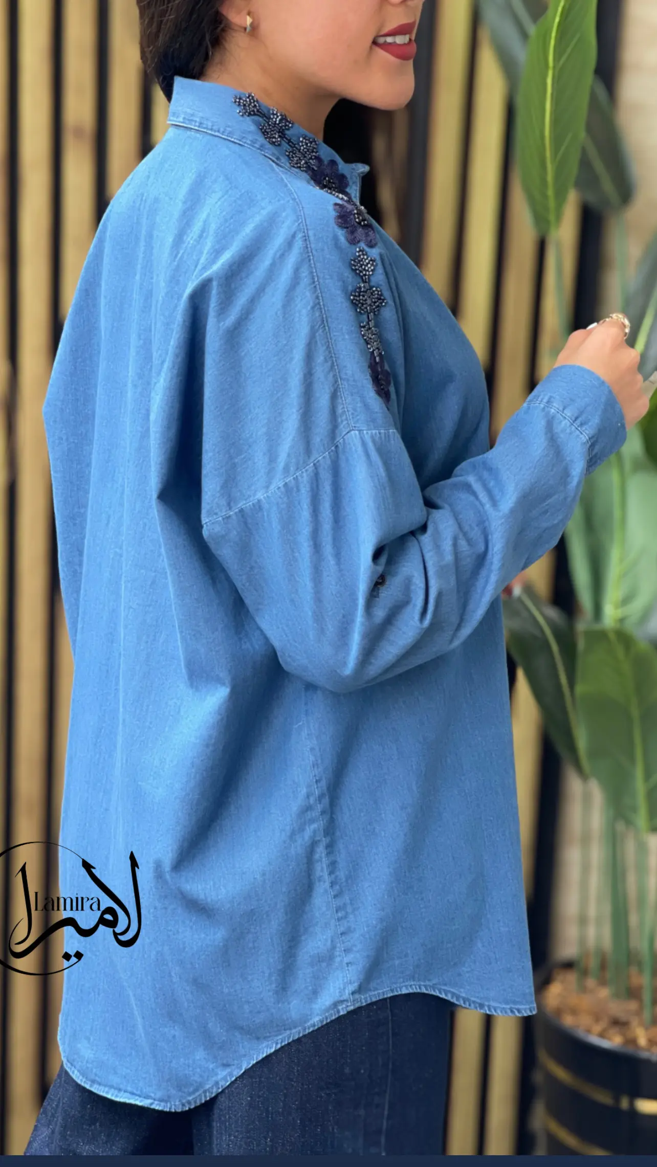 شومیز مجلسی مانتویی جین طرح شکوفه