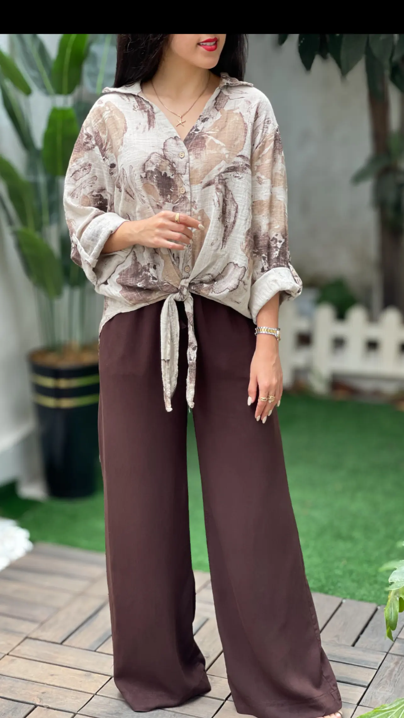 شومیز لینن ایتالیایی گره ای طرح موکا