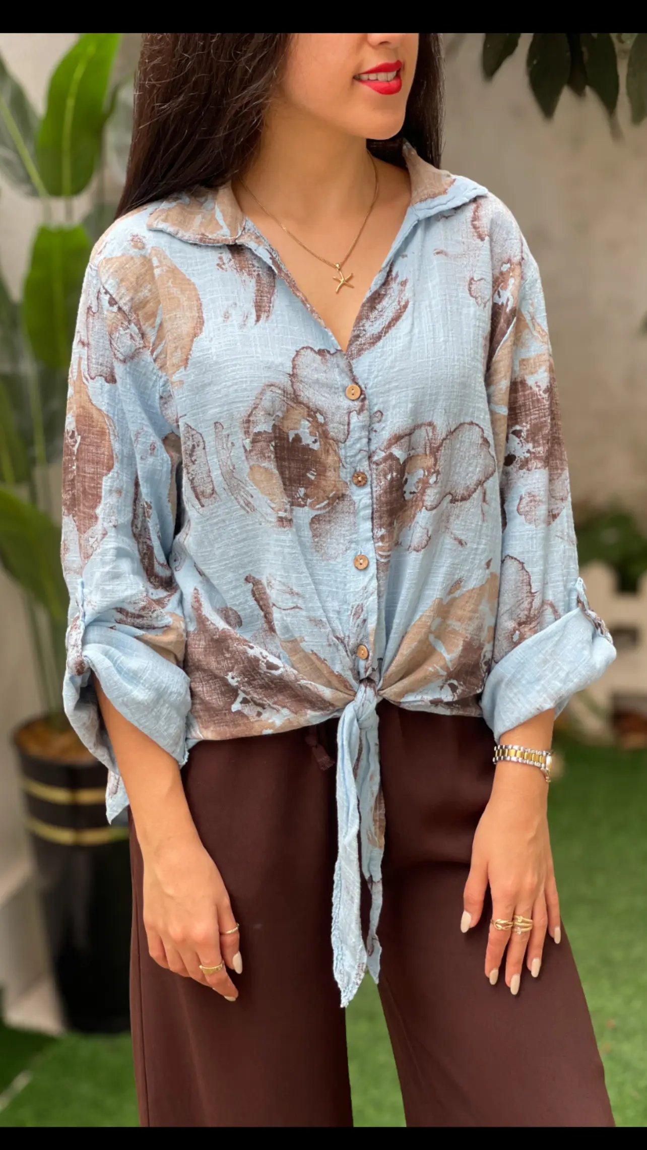 شومیز لینن ایتالیایی گره ای طرح موکا