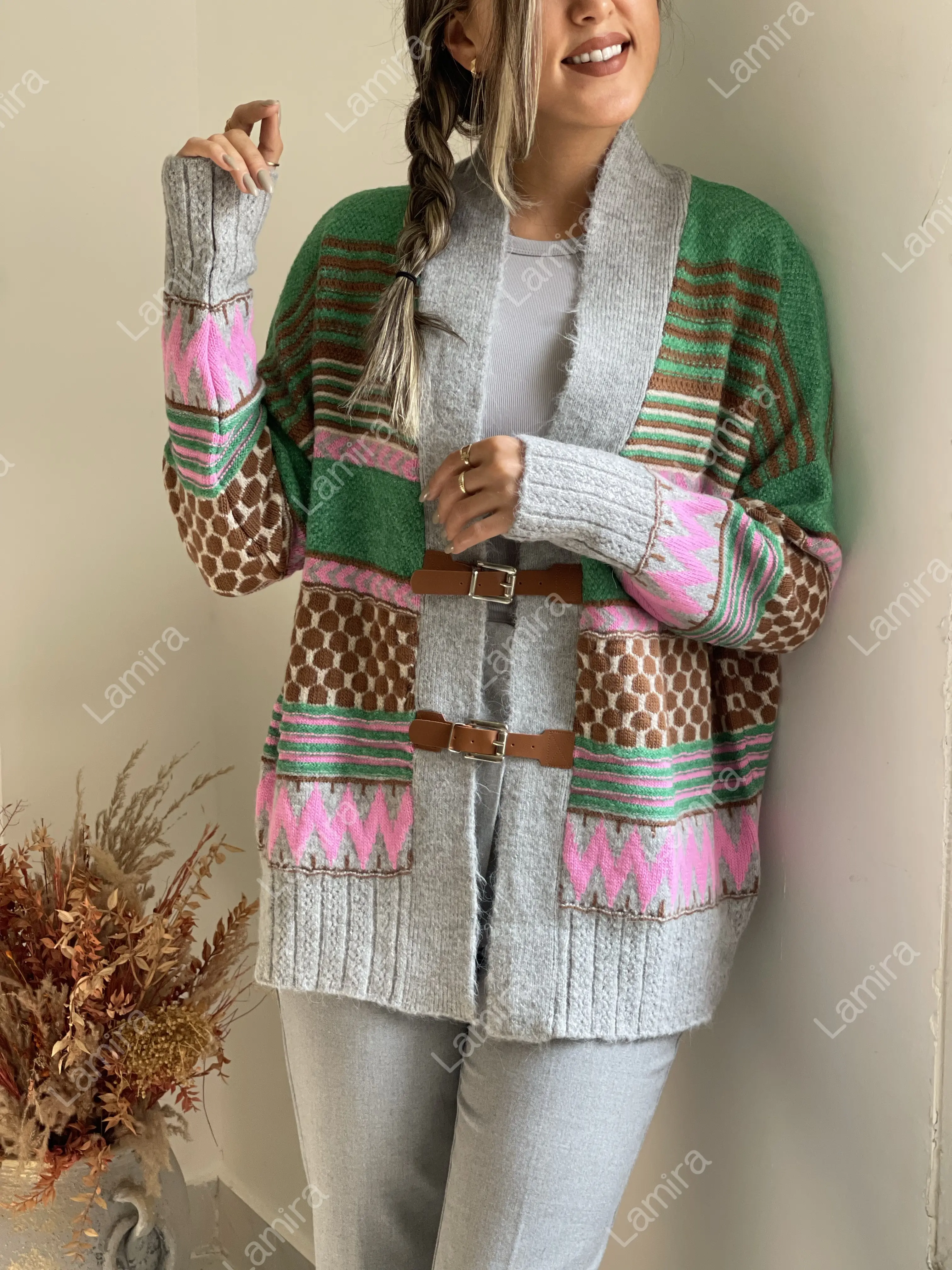 ژاکت وینتیج کمربندار رنگی اورجینال ترک روبین