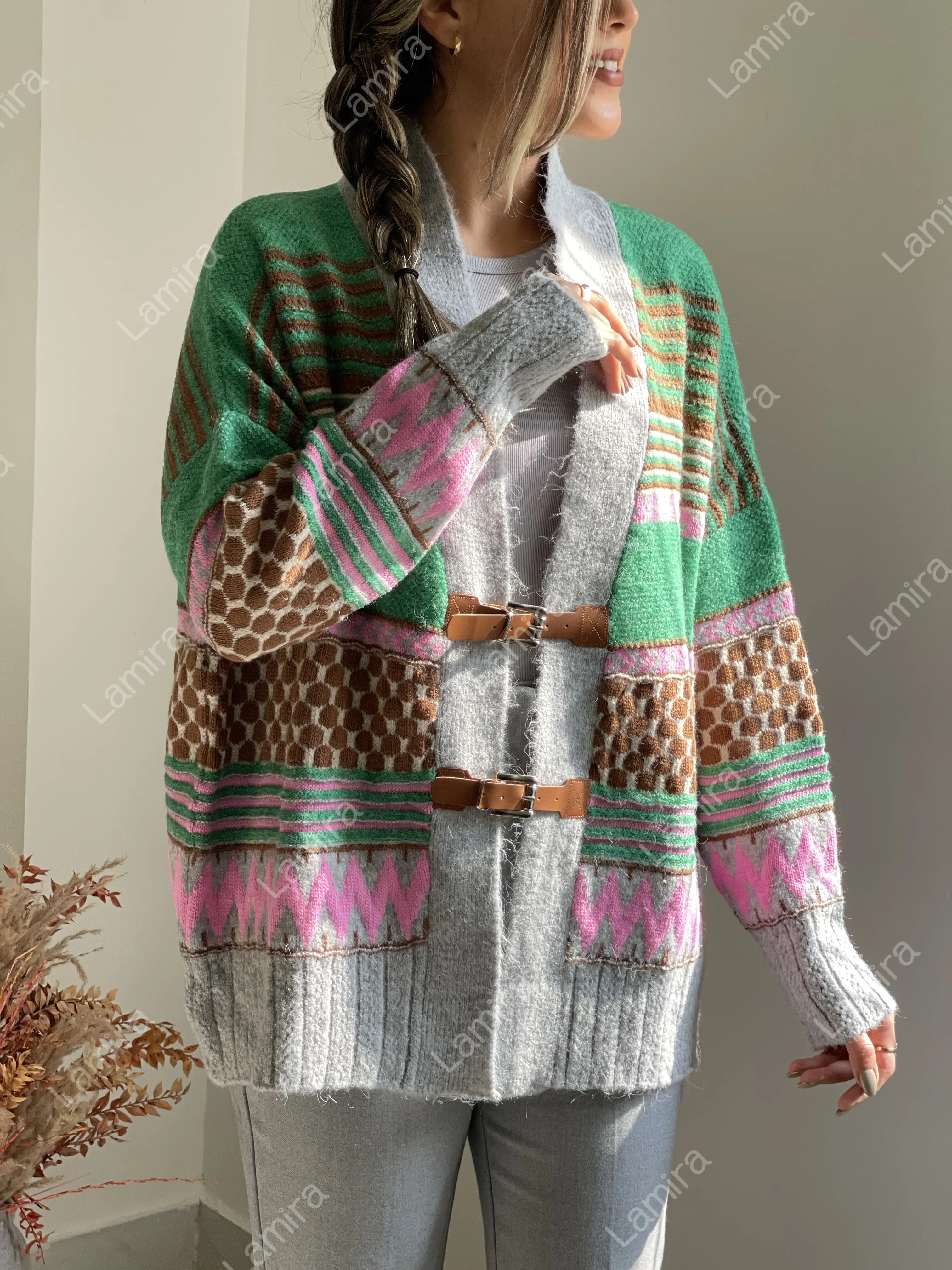 ژاکت وینتیج کمربندار رنگی اورجینال ترک روبین