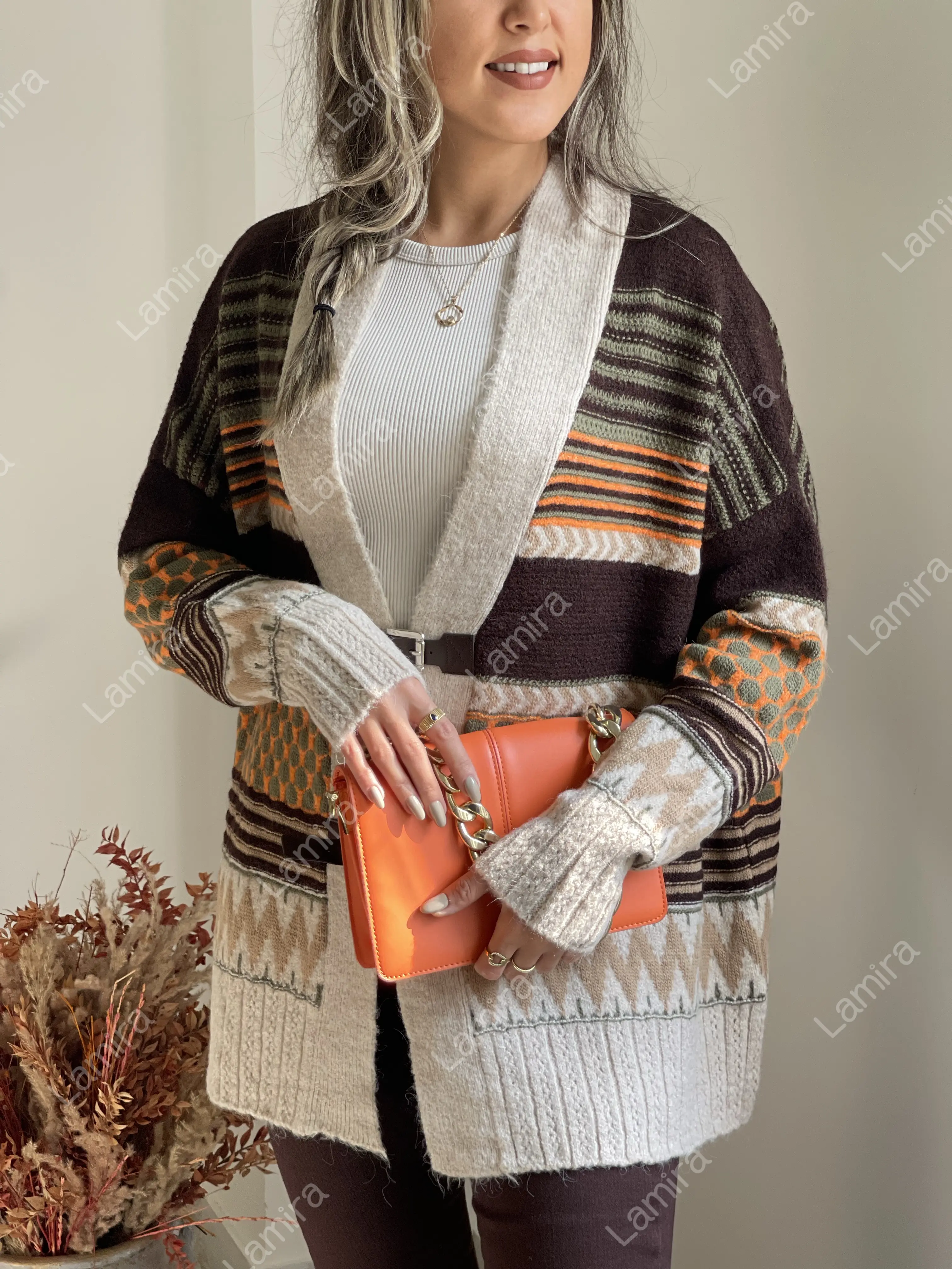 ژاکت وینتیج کمربندار رنگی اورجینال ترک روبین