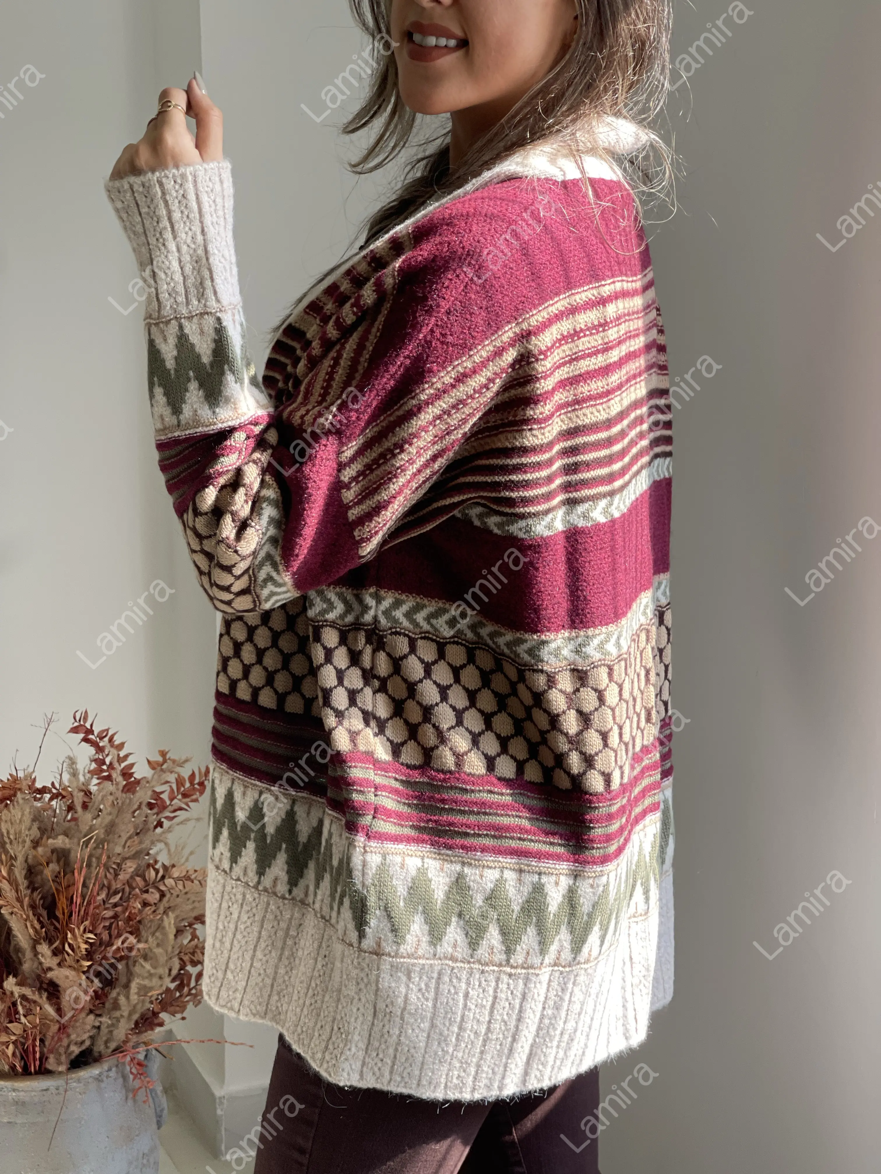 ژاکت وینتیج کمربندار رنگی اورجینال ترک روبین