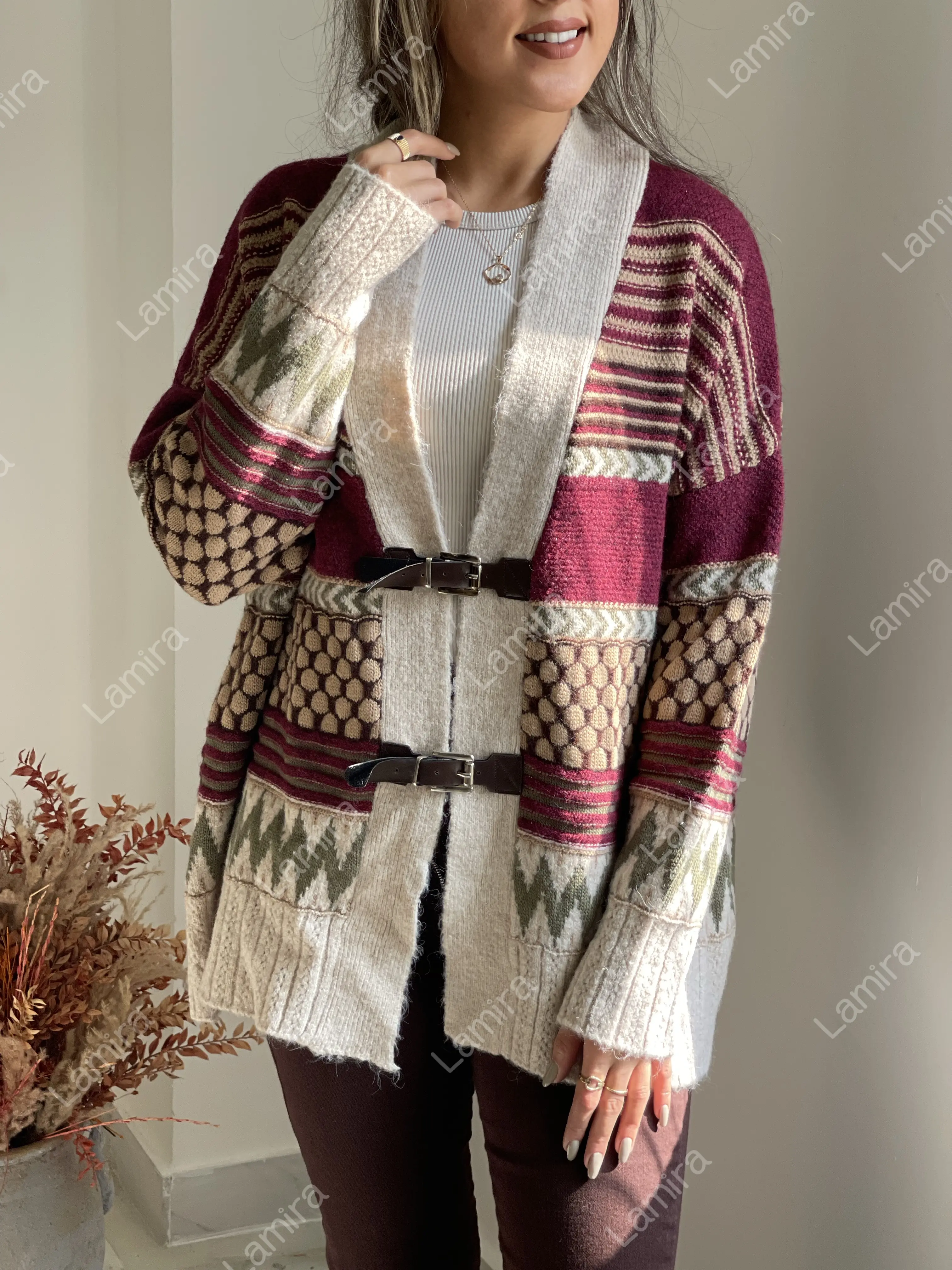 ژاکت وینتیج کمربندار رنگی اورجینال ترک روبین