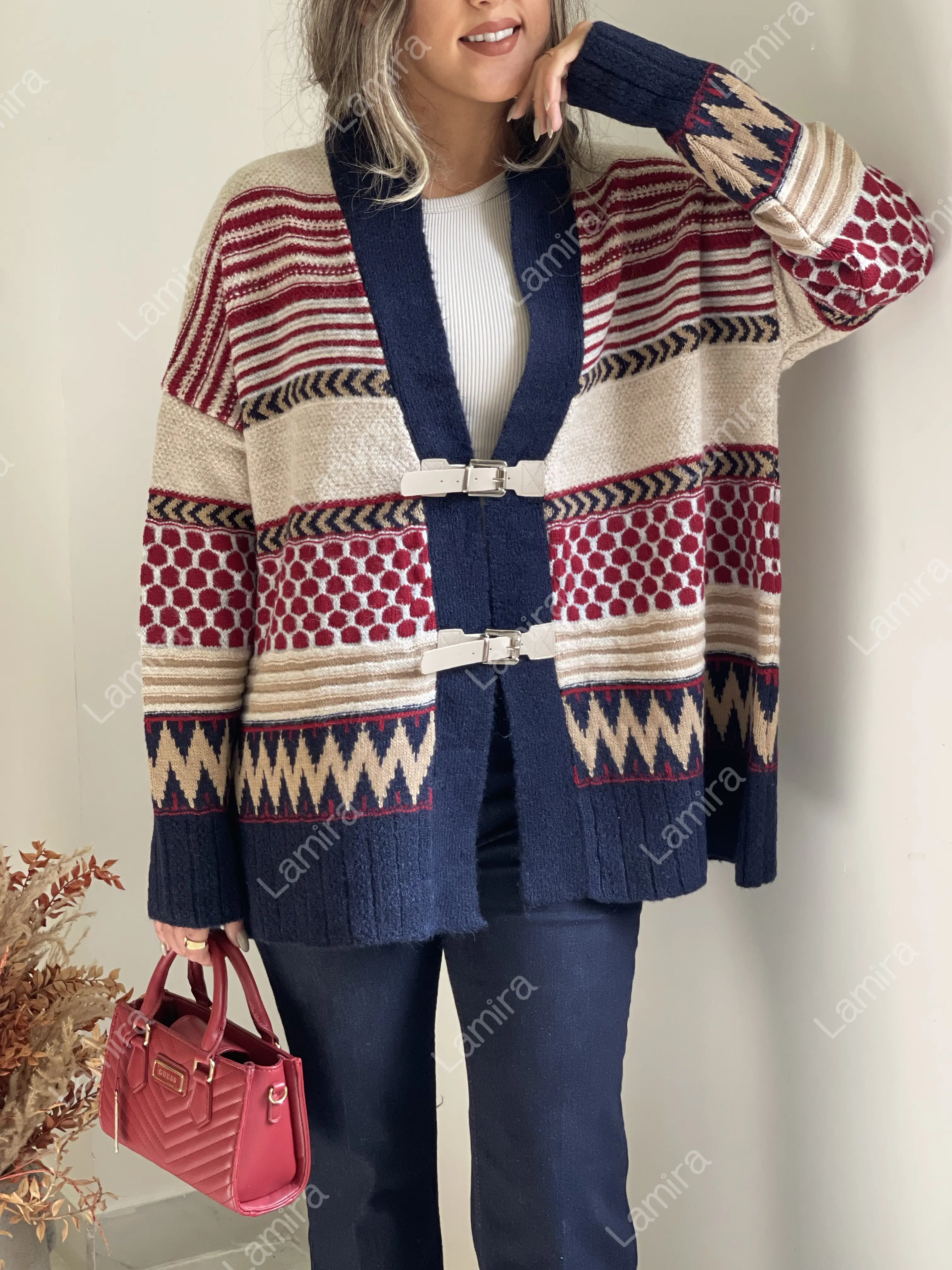ژاکت وینتیج کمربندار رنگی اورجینال ترک روبین