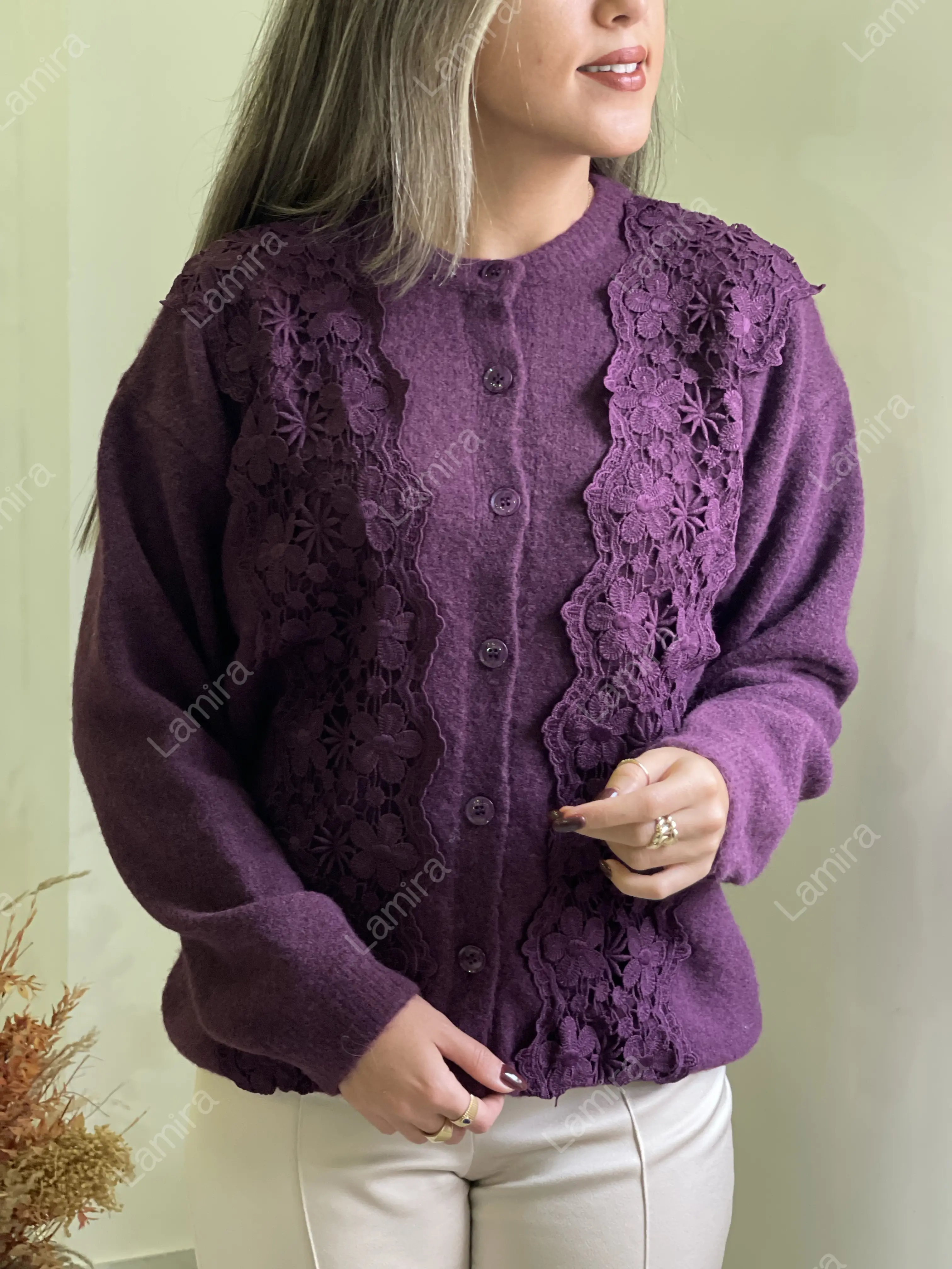 ژاکت بافت دکمه دار کار شده تمام دانتل ترک