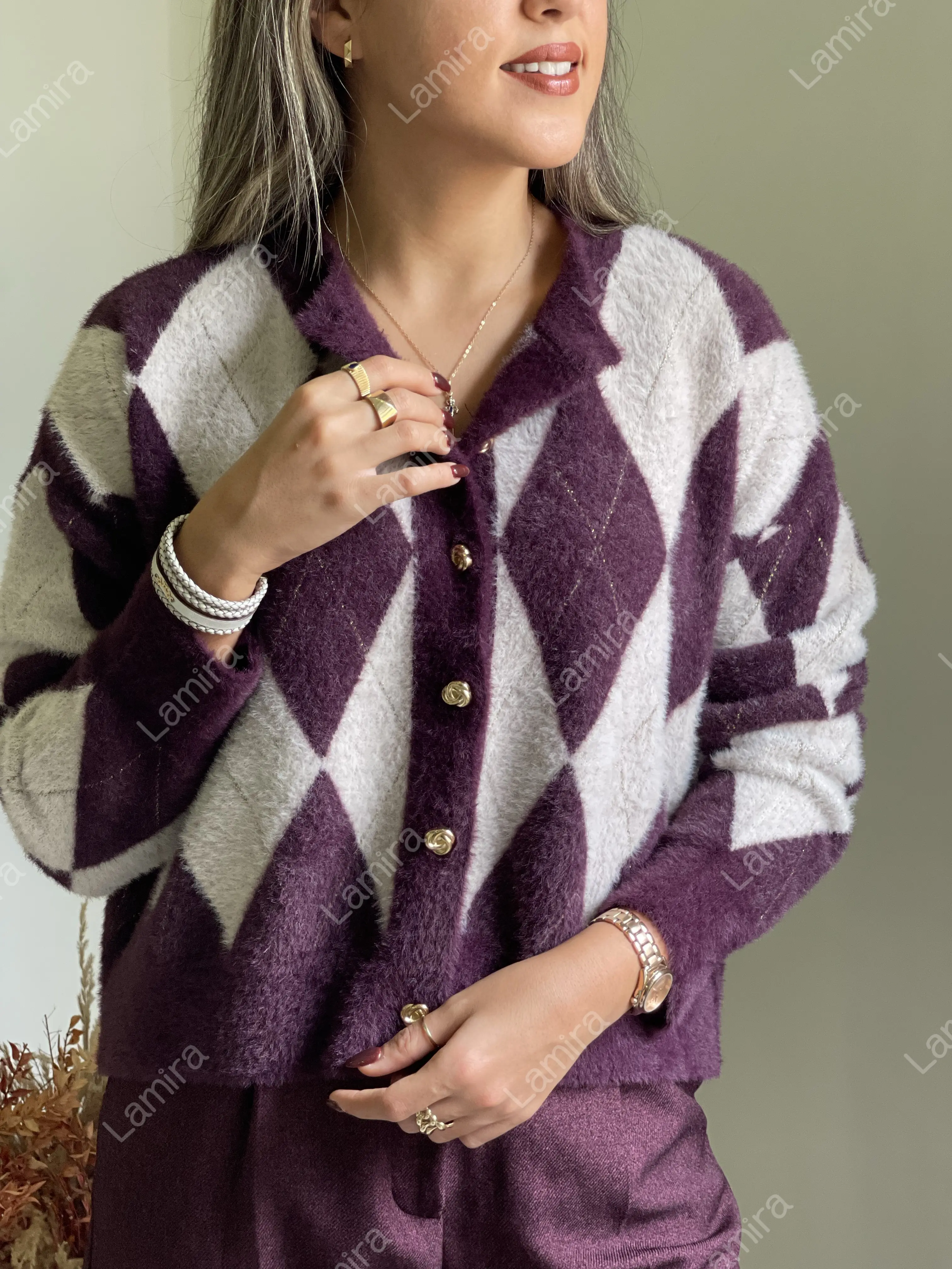 ژاکت بافت کلاسیک طرحدار لمه دوزی ترک