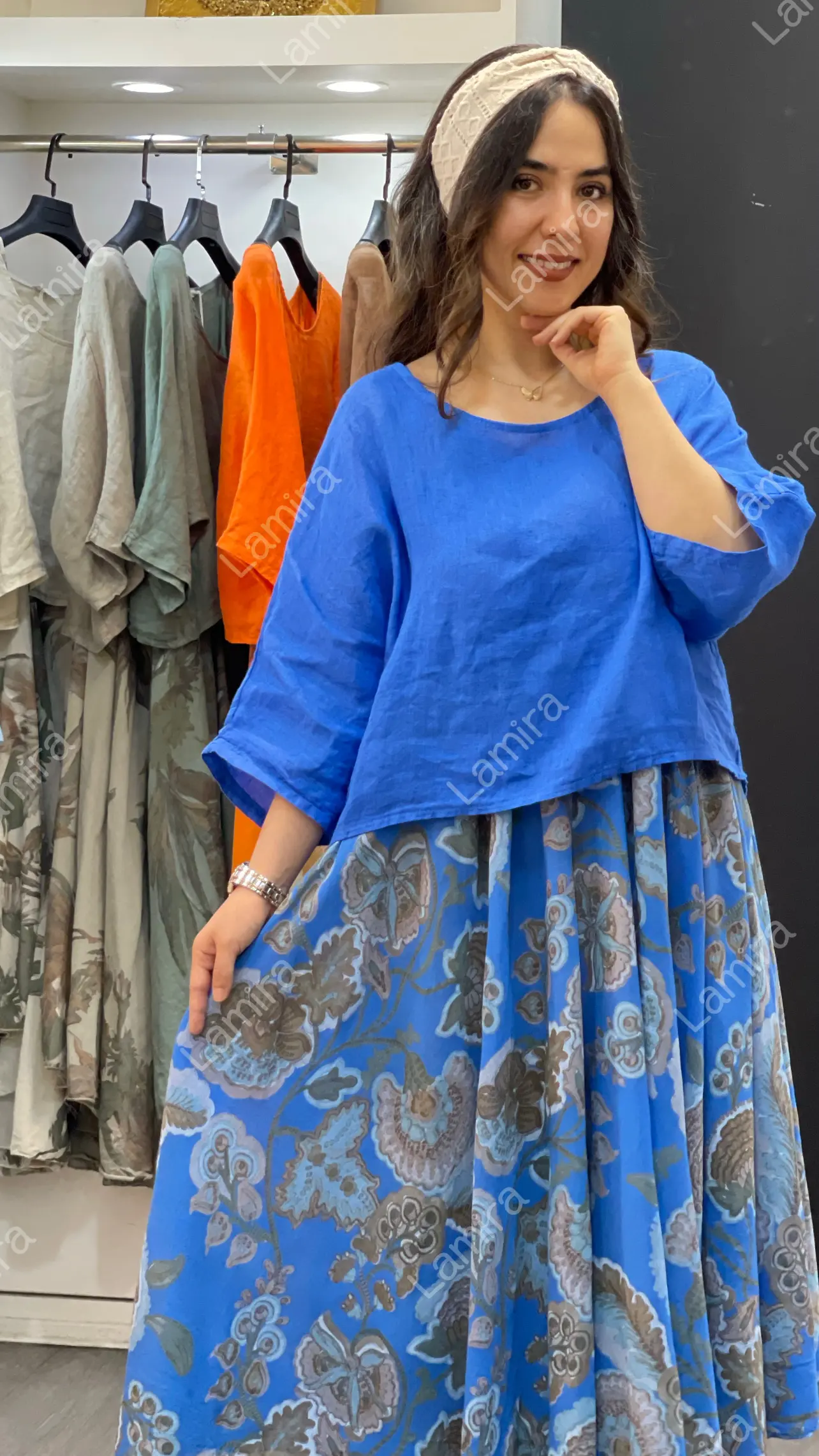 پیراهن لینن ایتالیایی دو تیکه طرح زنبق