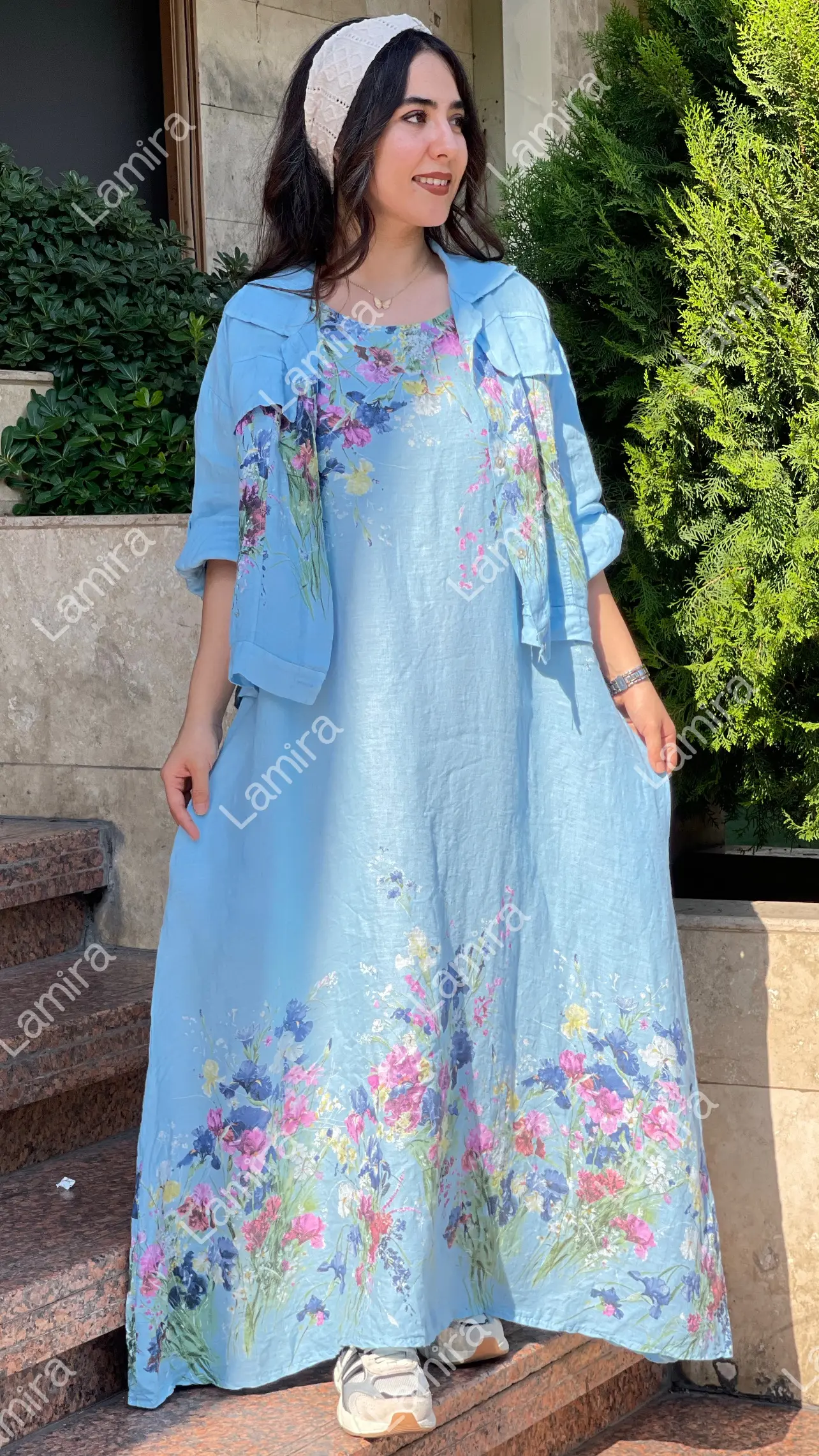پیراهن سارافون کت دار لینن ایتالیایی طرح گل ریز