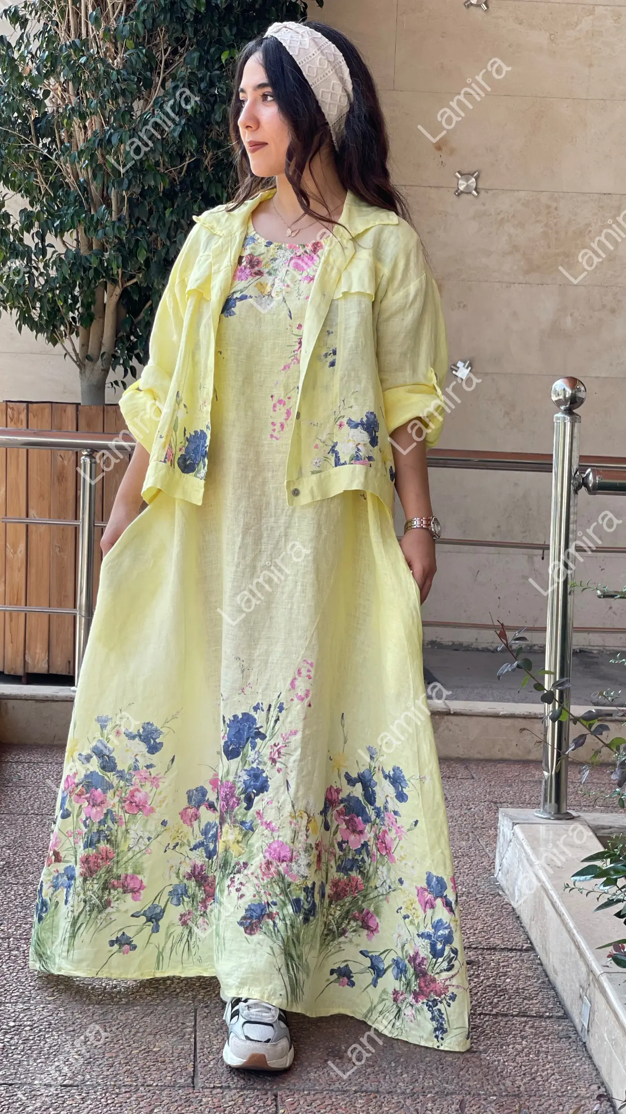 پیراهن سارافون کت دار لینن ایتالیایی طرح گل ریز