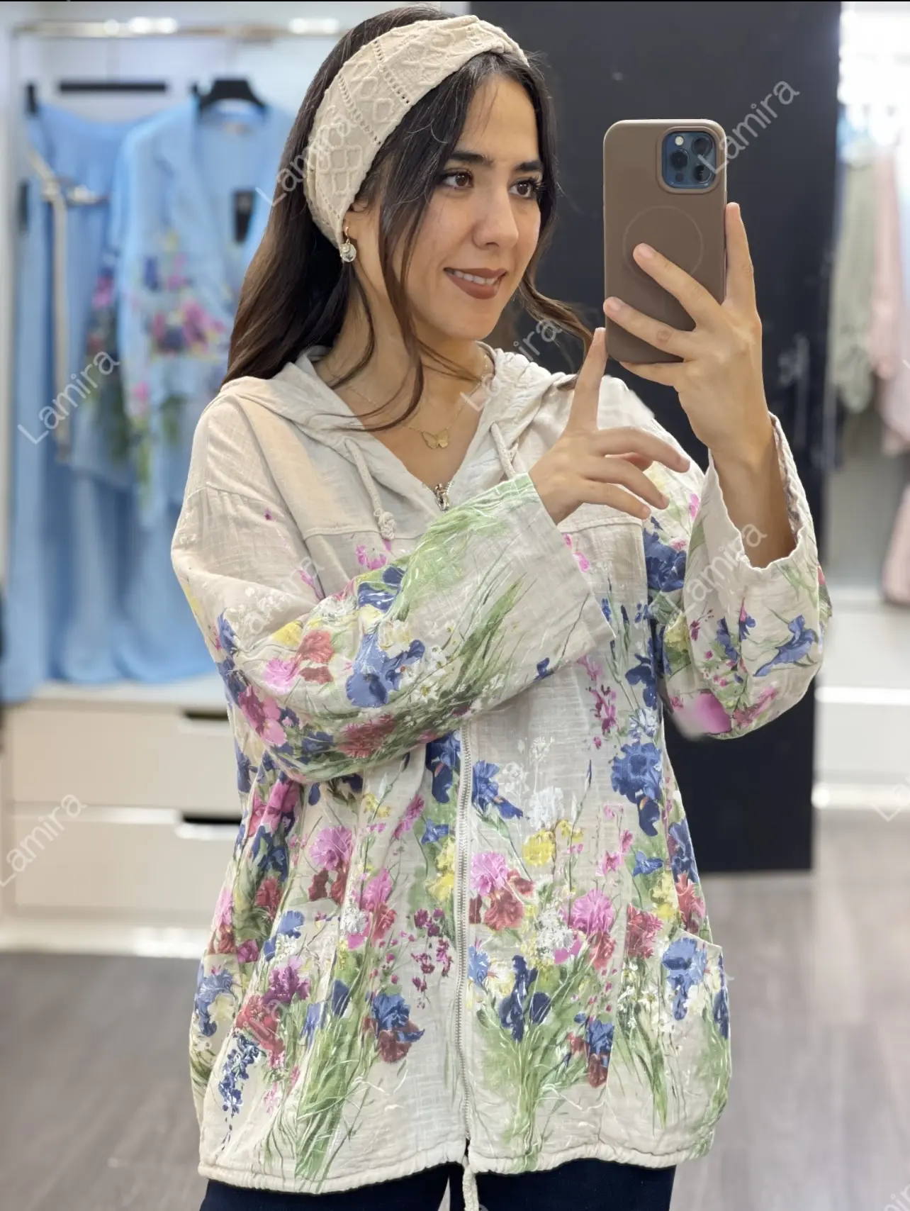 لینن ایتالیایی کلاهدار زیپ دار طرح گلریز