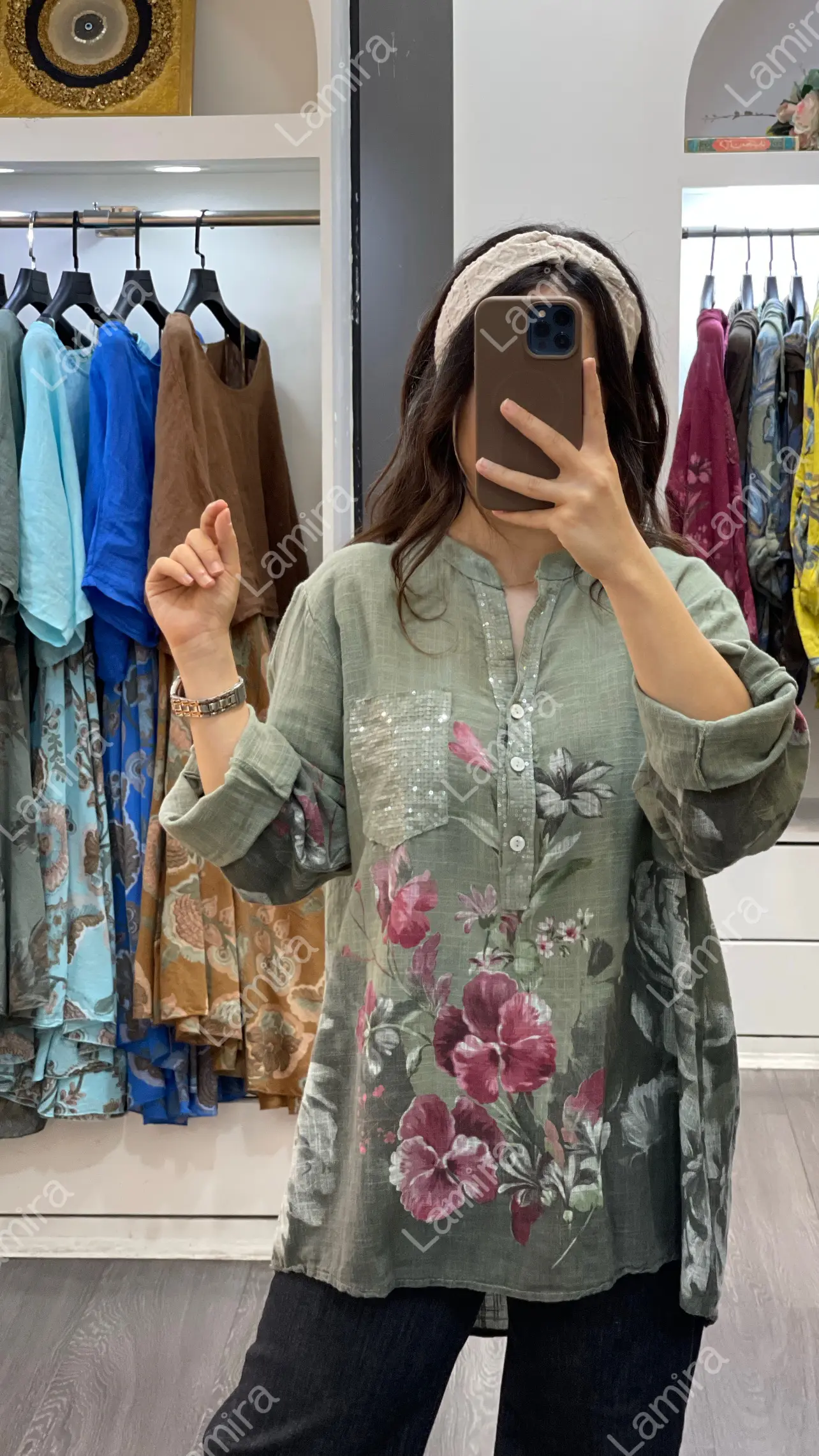 شومیز لینن ایتالیایی جیب پولکی سه دکمه طرح پیچک