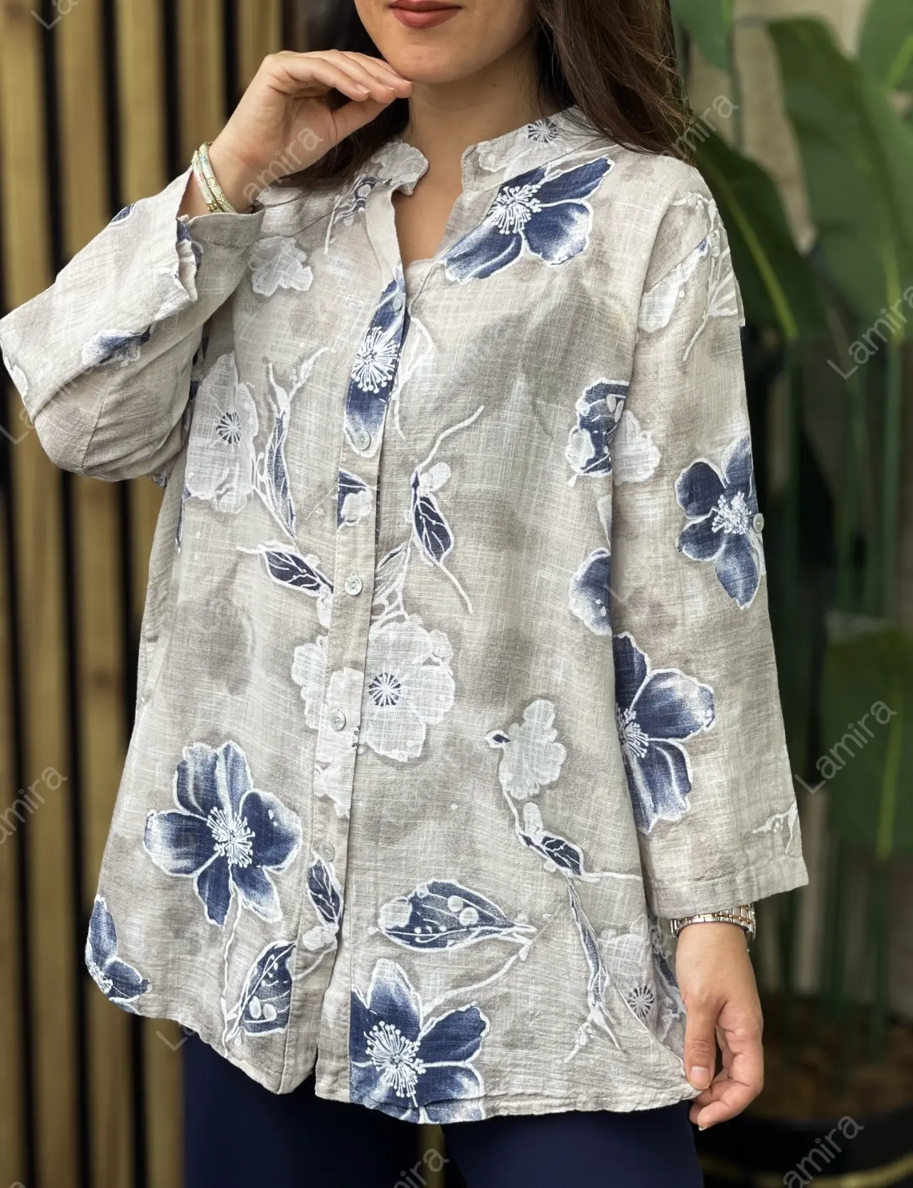 شومیز لینن ایتالیایی تمام دکمه طرح آلاله