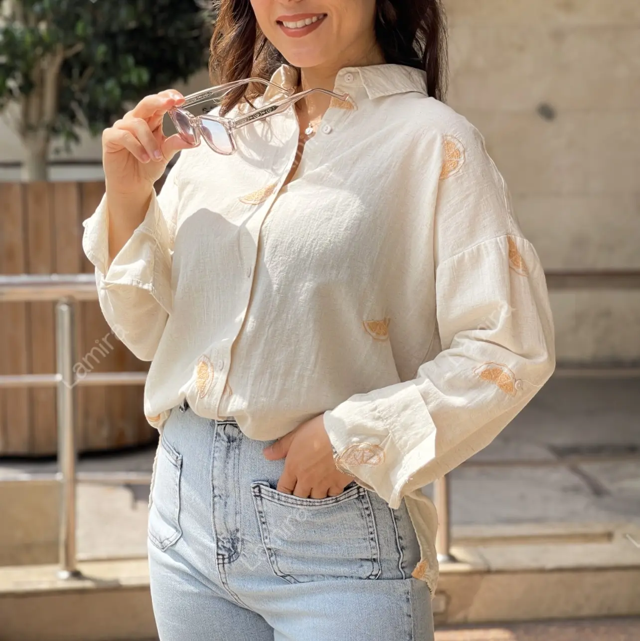 شومیز لینن گلدوزی اورجینال ترک طرح پرتقال🍊