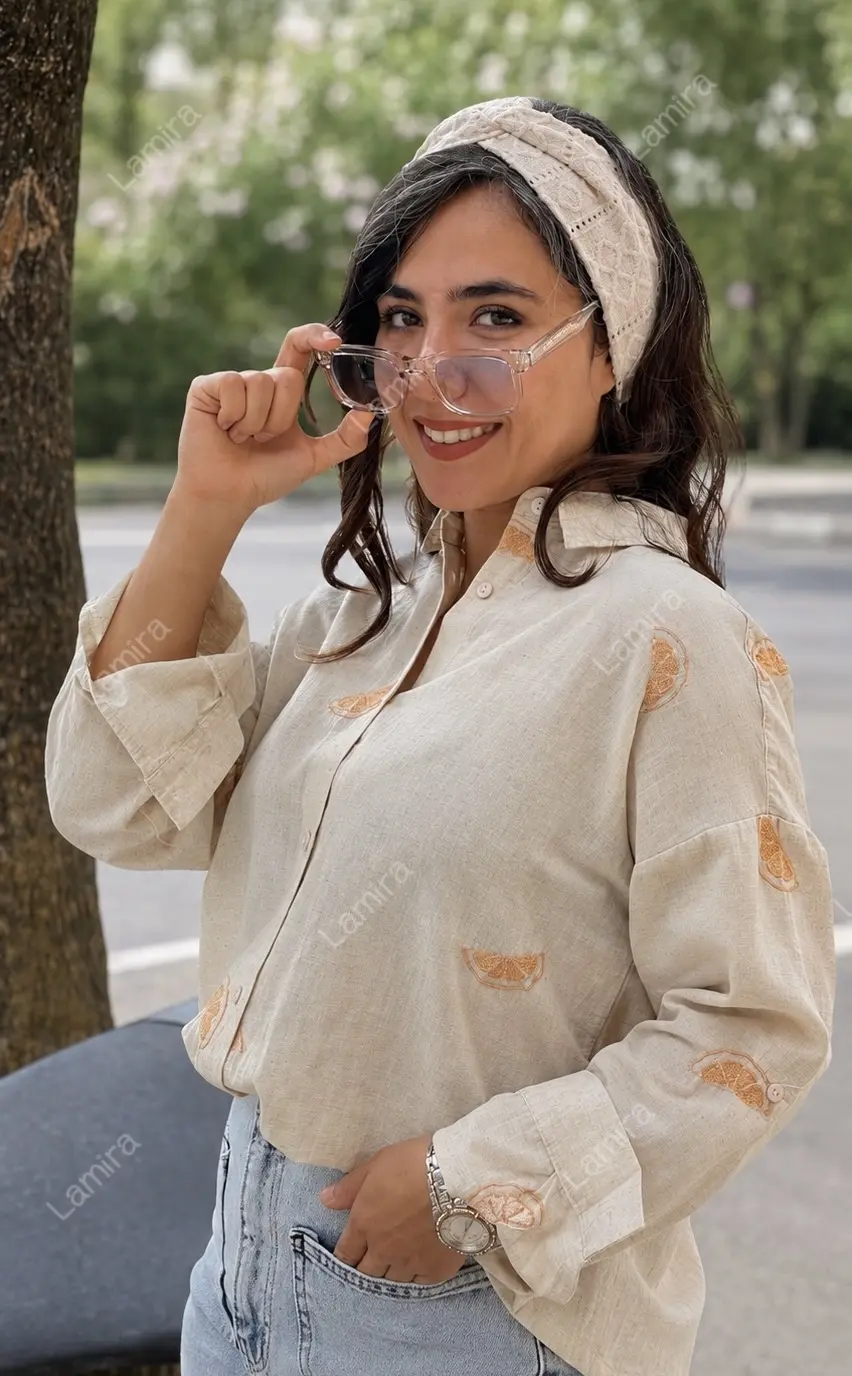 شومیز لینن گلدوزی اورجینال ترک طرح پرتقال🍊