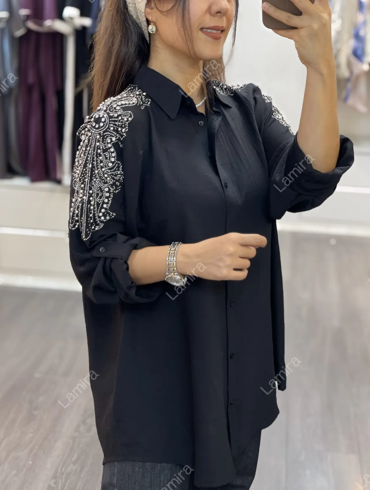 شومیز مانتویی مجلسی سرشونه سنگ