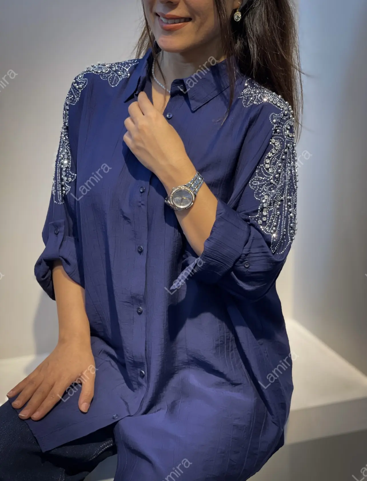 شومیز مانتویی مجلسی سرشونه سنگ