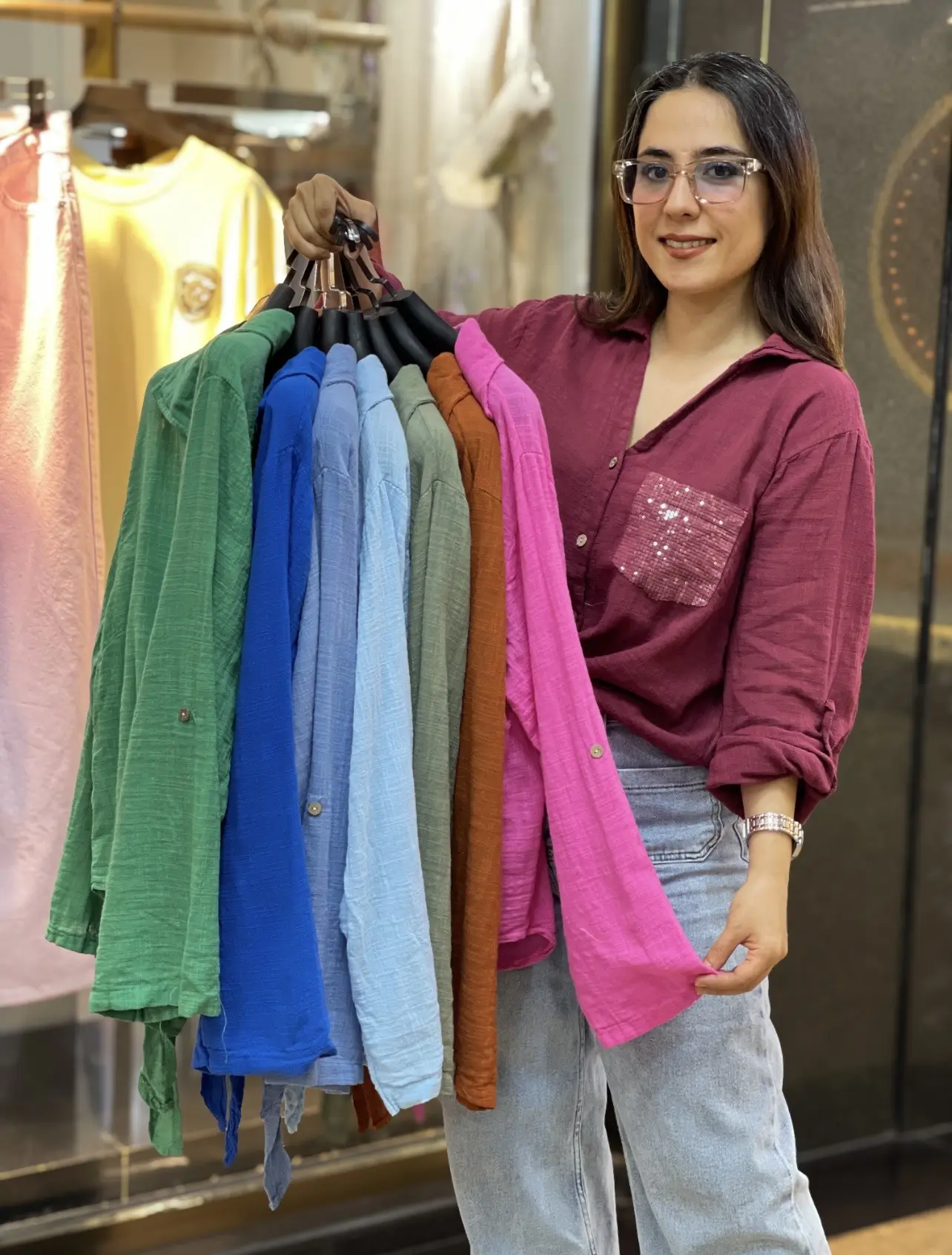 شومیز جلو گره ای لینن ایتالیایی جیب پولکی