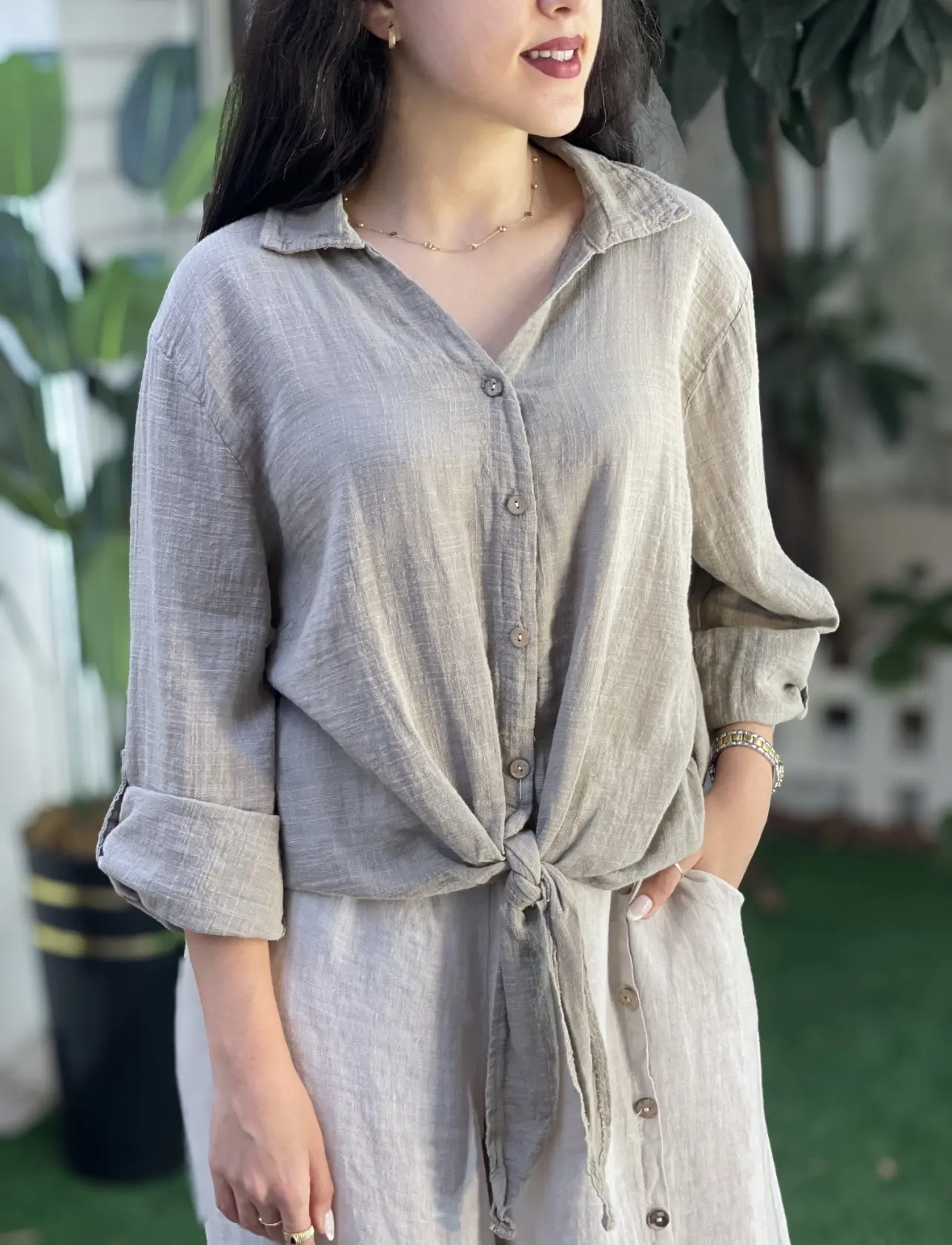 شومیز لینن ایتالیایی گره ای ساده تک رنگ