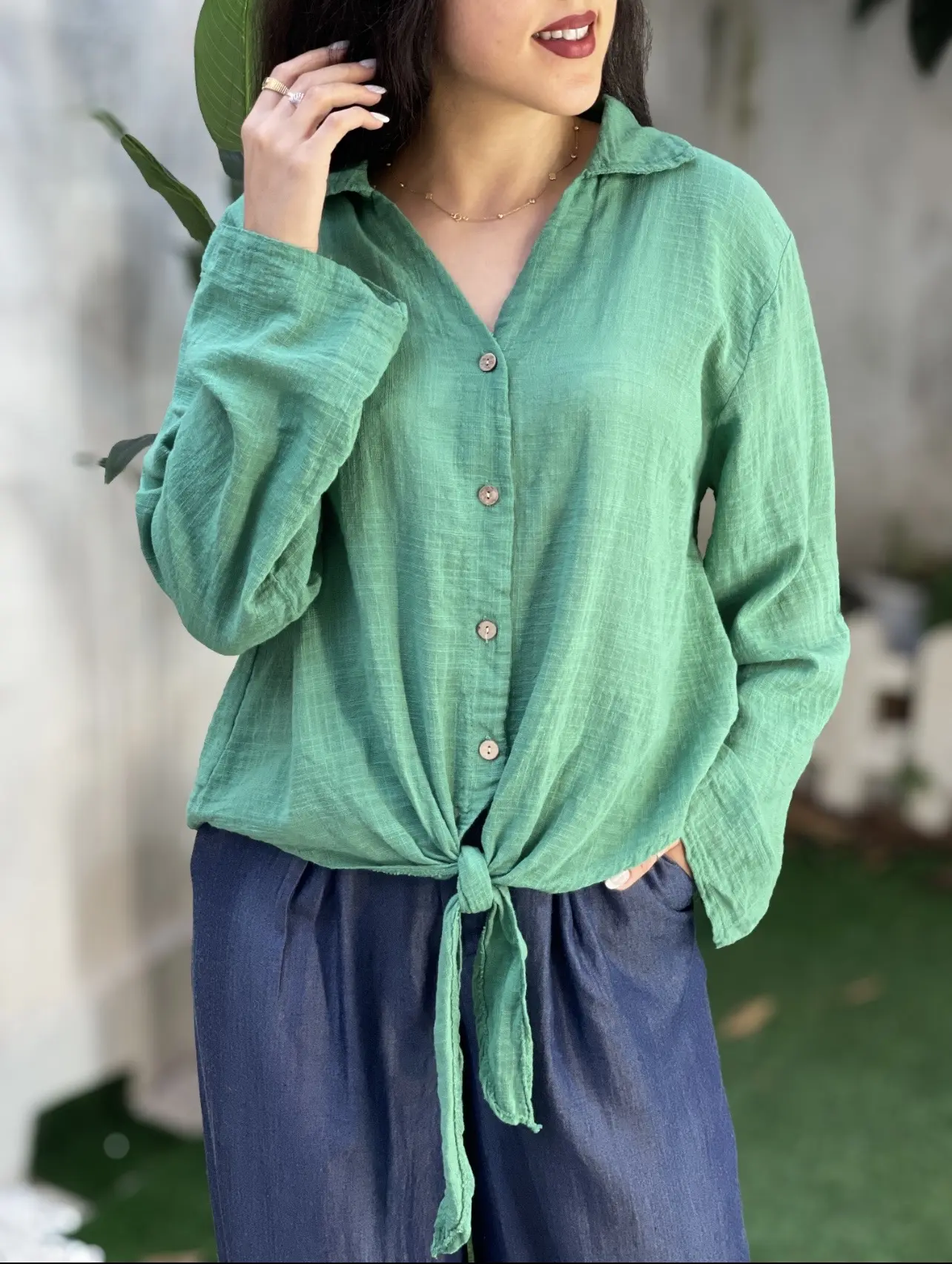 شومیز لینن ایتالیایی گره ای ساده تک رنگ