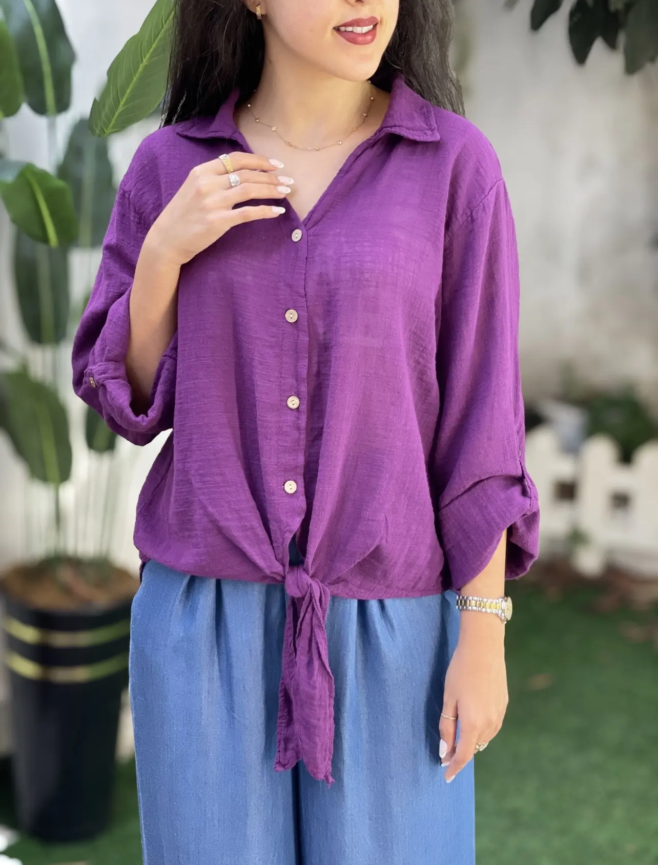 شومیز لینن ایتالیایی گره ای ساده تک رنگ