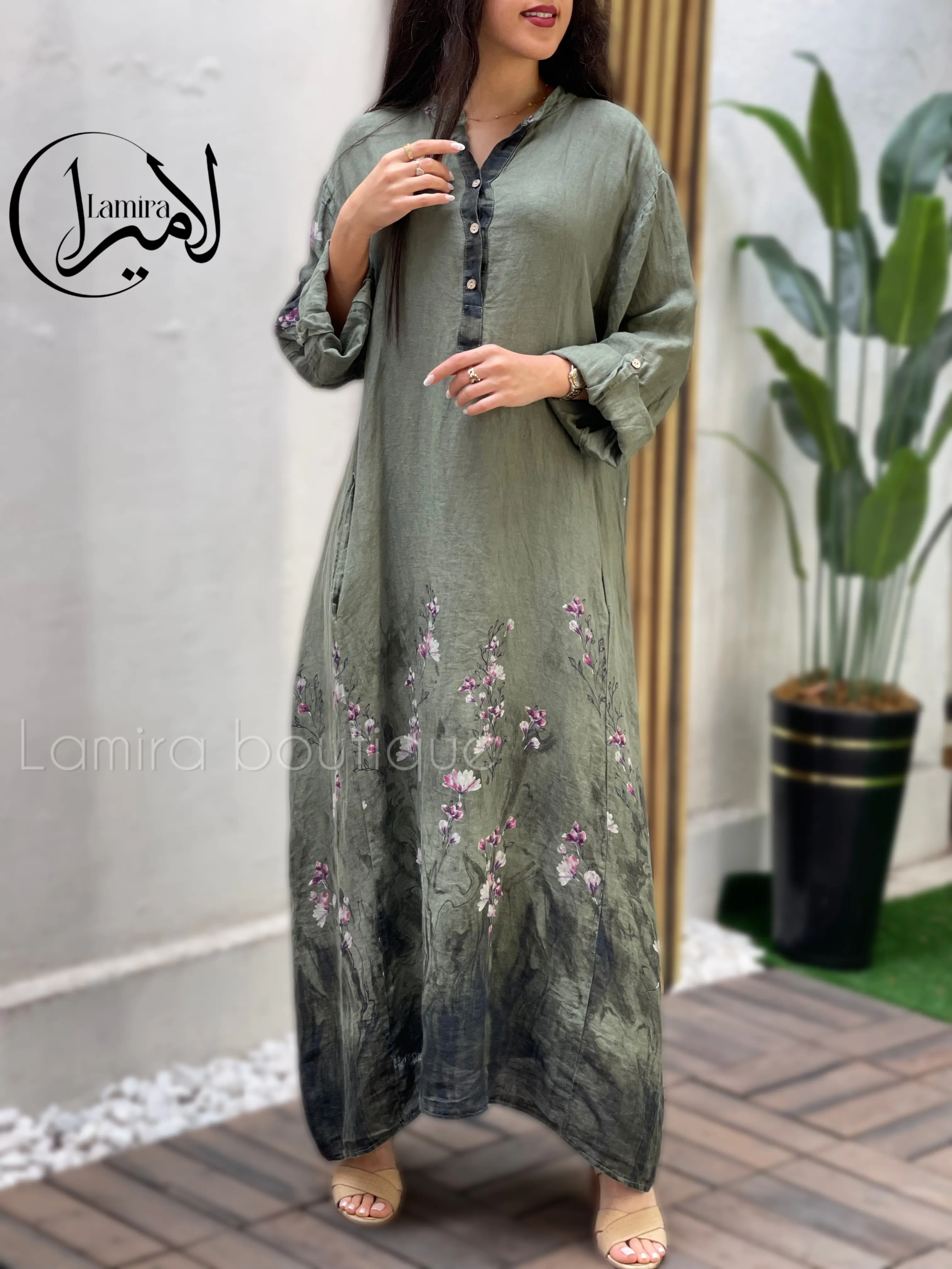 پیراهن لینن ایتالیایی طرح گل ریز
