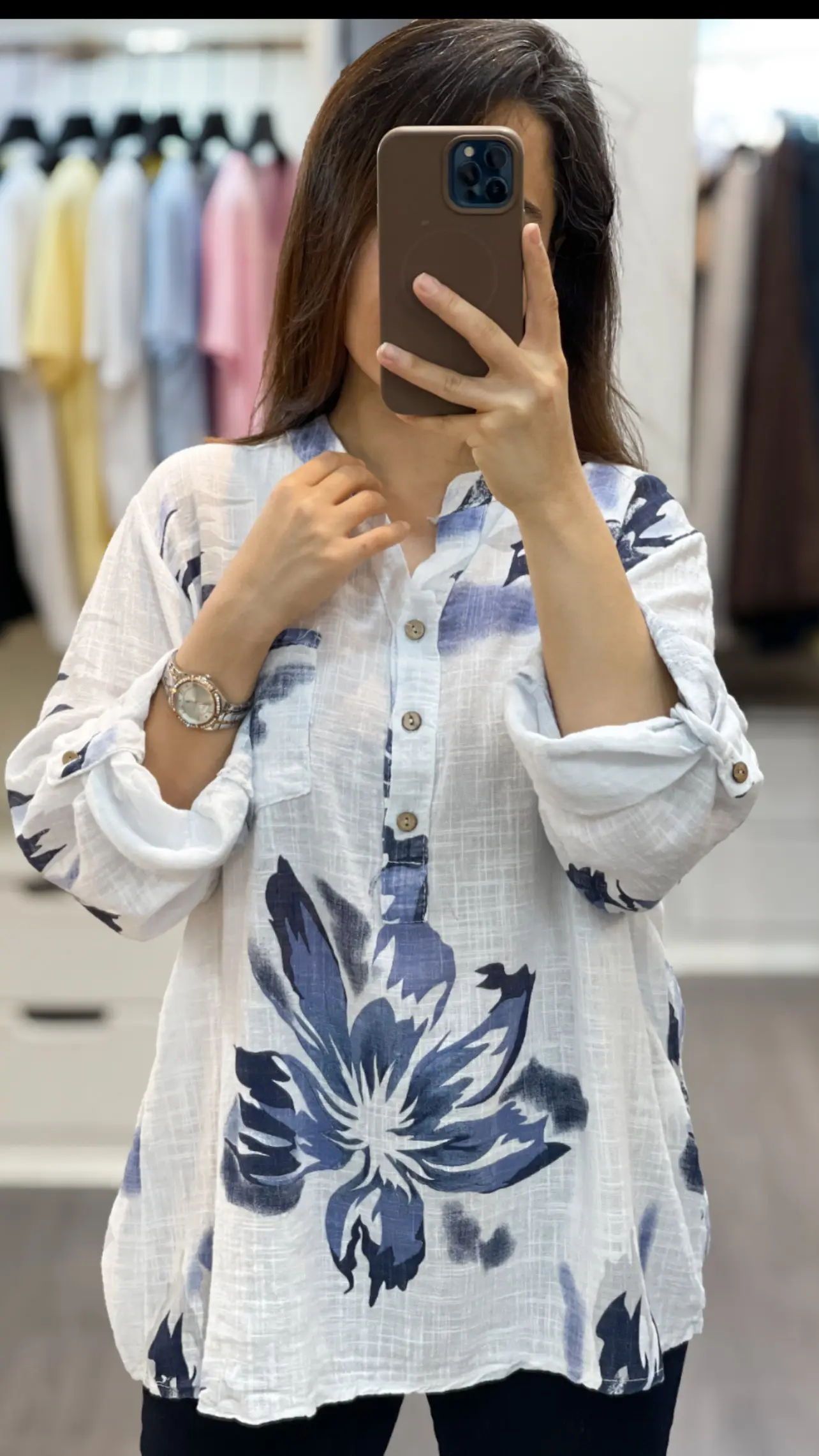 شومیز لینن ایتالیایی سه دکمه طرح ارکید