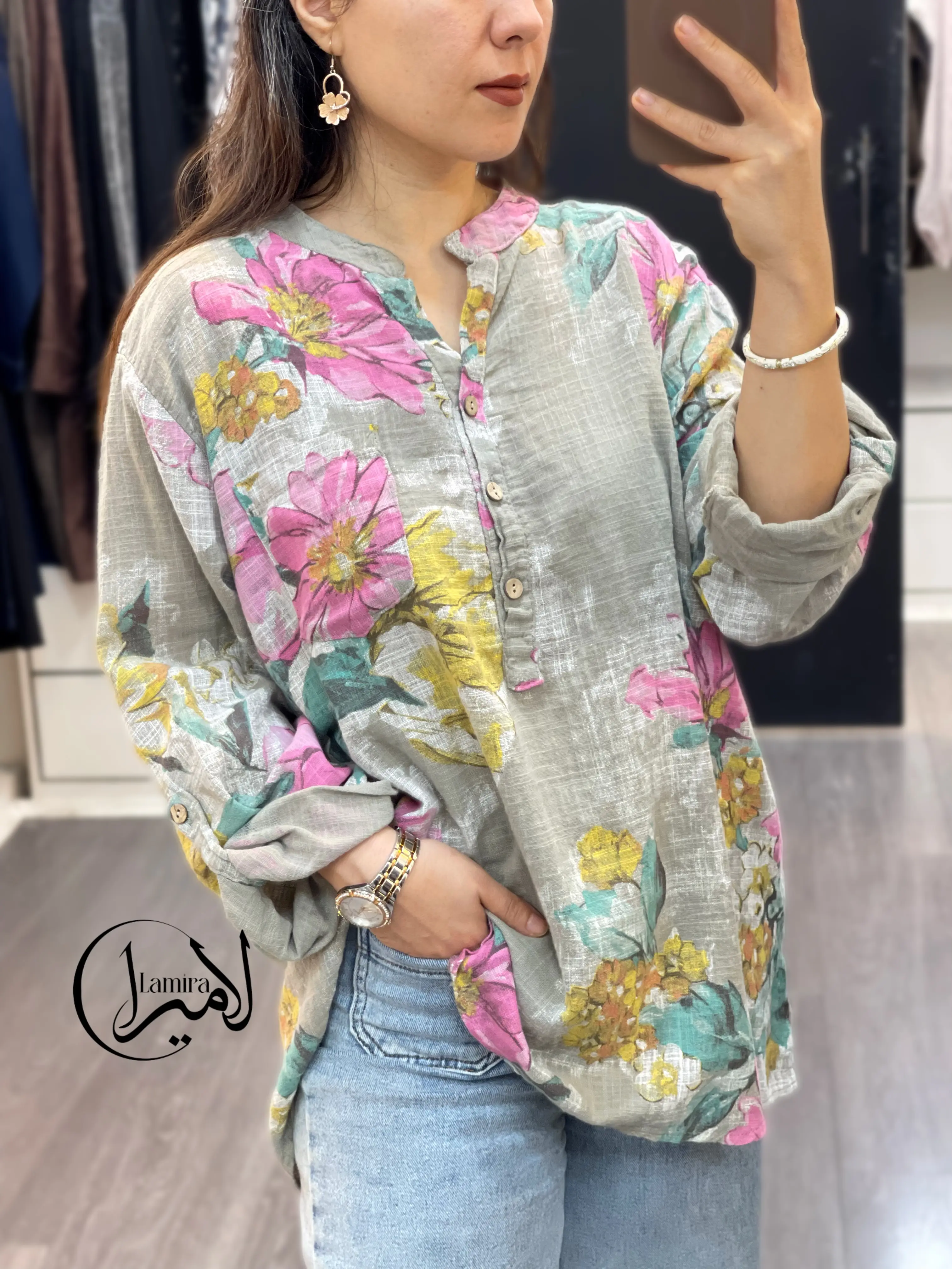 شومیز لینن ایتالیایی سه دکمه طرح پیچک