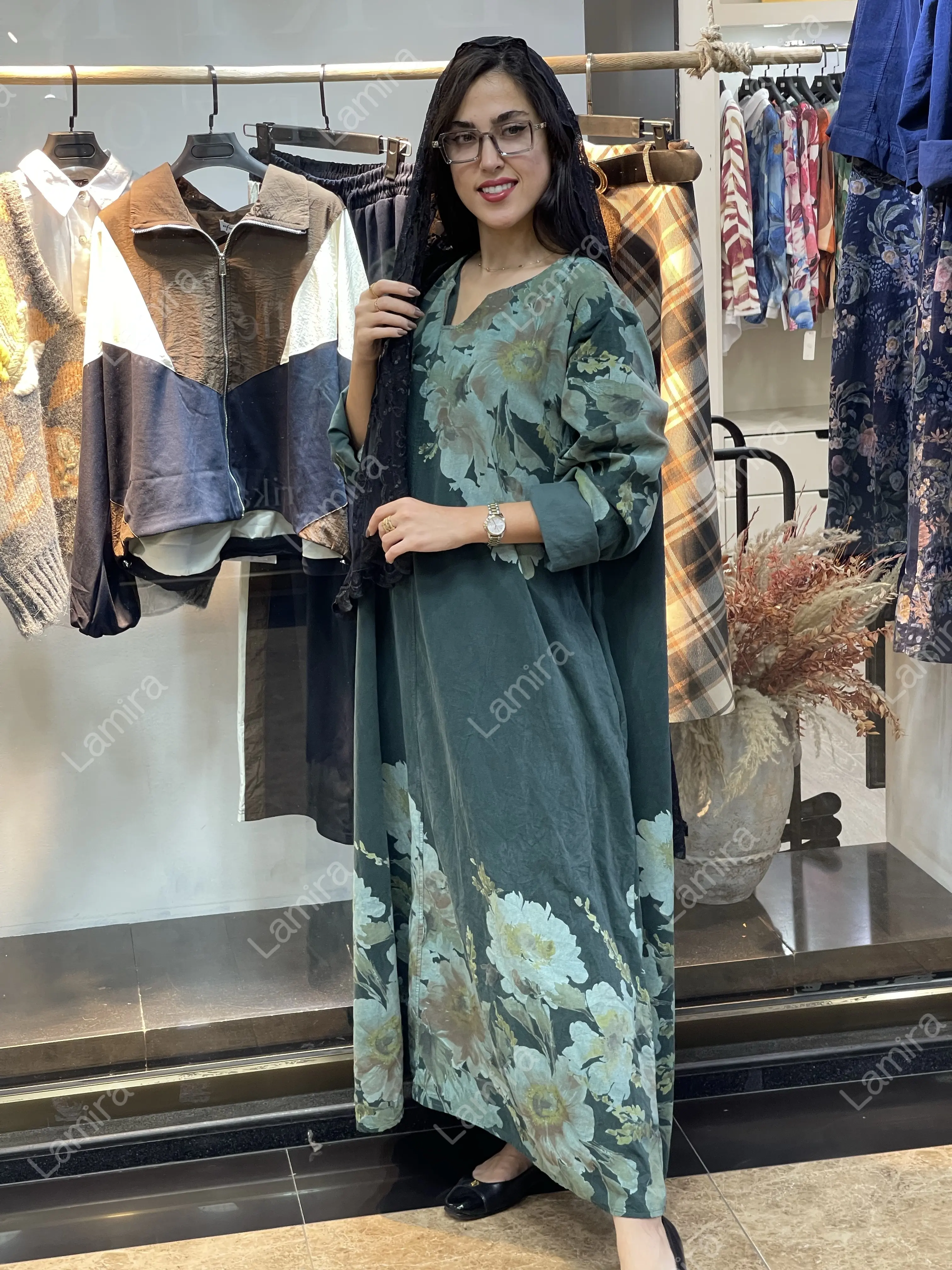 پیراهن مخمل کبریتی ایتالیایی طرح آلاله