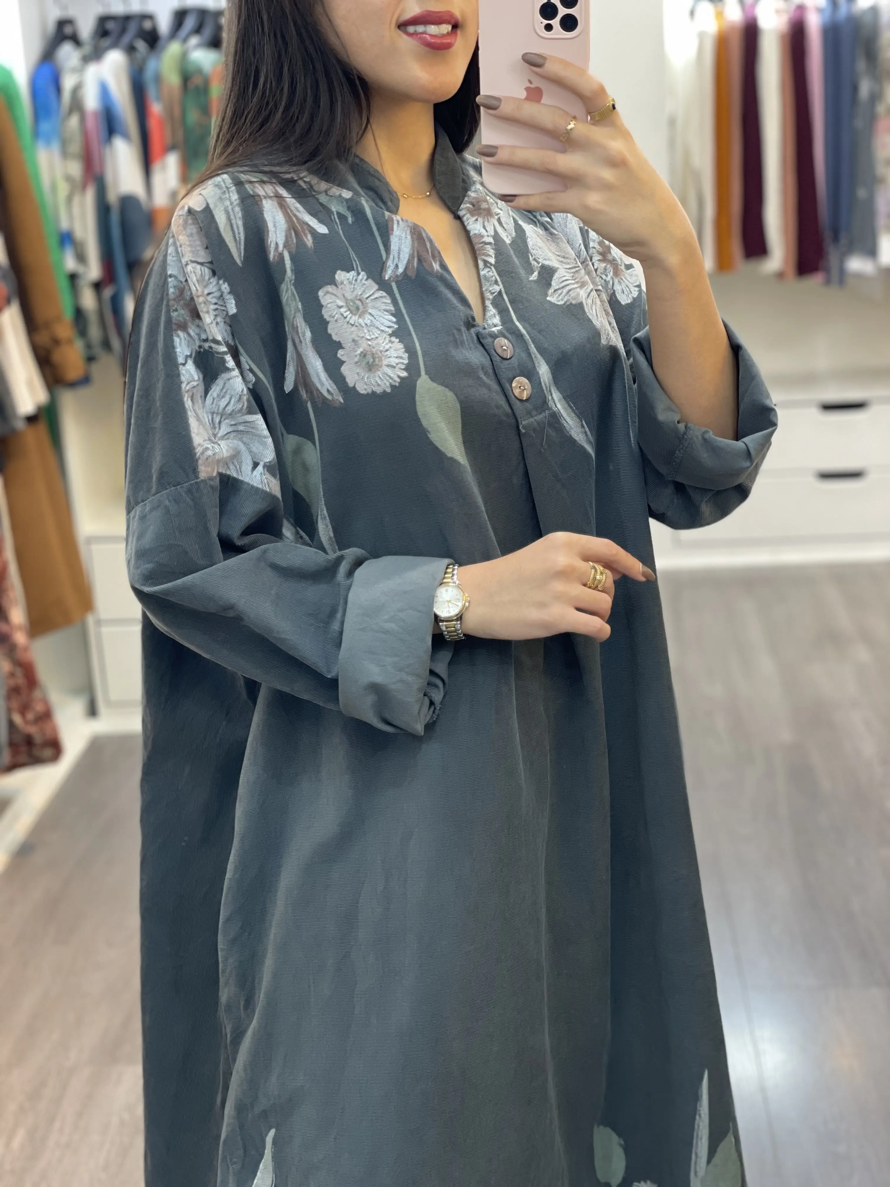 پیراهن مخمل کبریتی طرح شکوفه