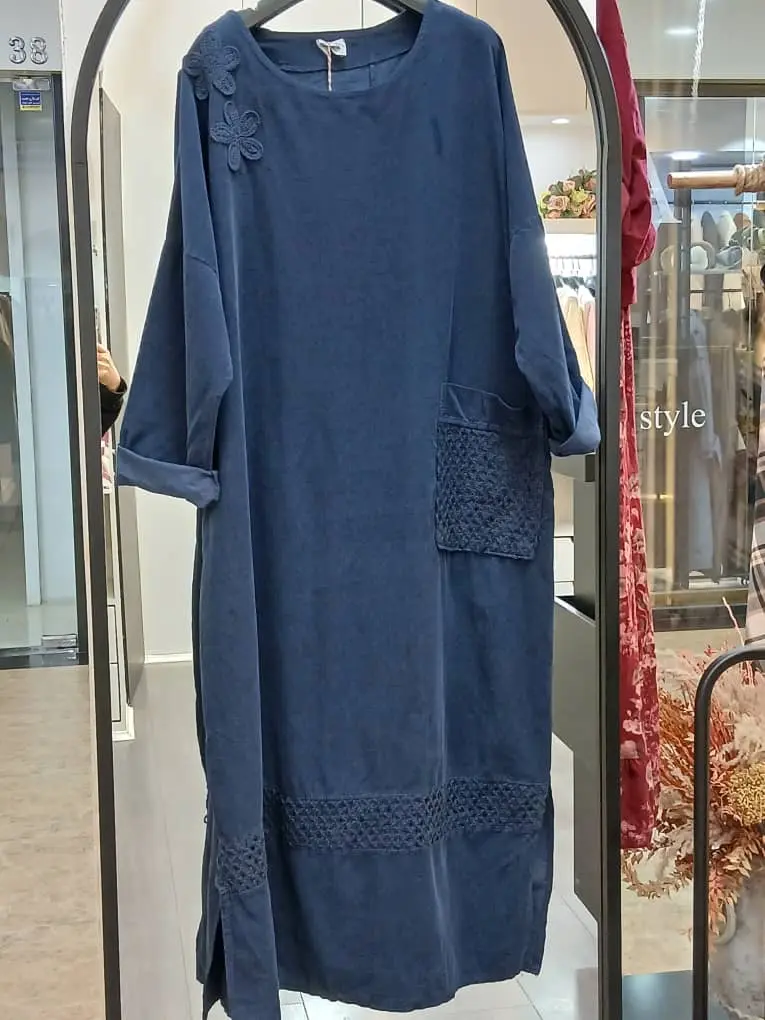 پیراهن مخمل کبریتی ایتالیایی دو گل جیب دار