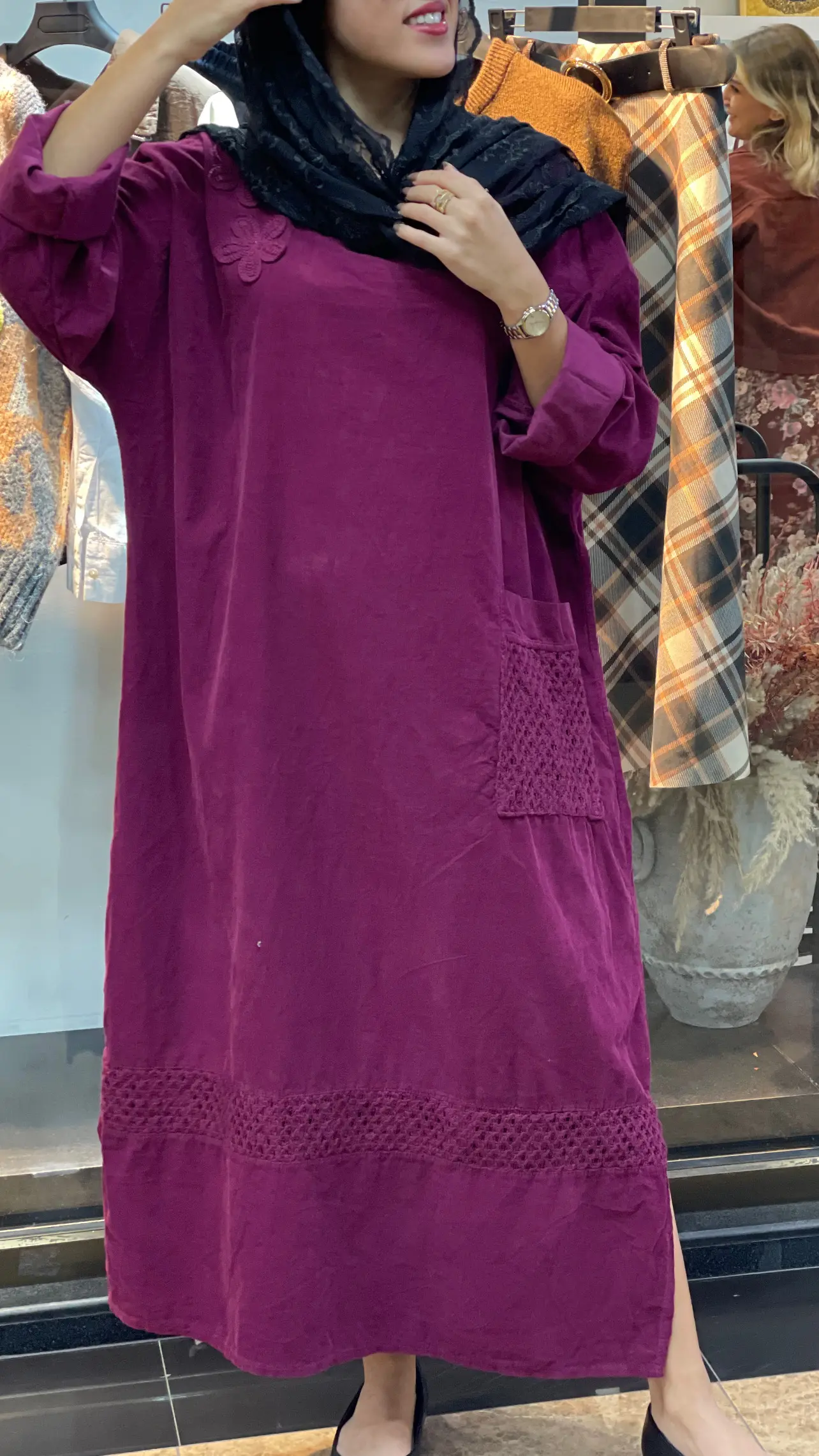 پیراهن مخمل کبریتی ایتالیایی دو گل جیب دار