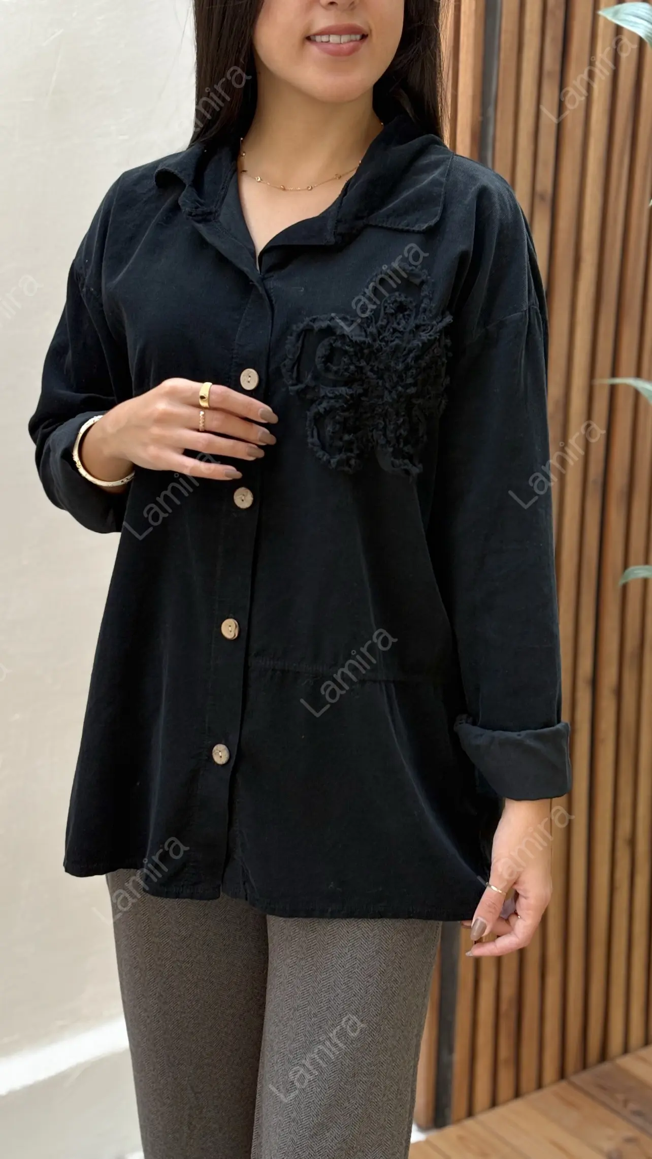 شومیز مانتویی مخمل کبریتی ایتالیایی طرح تگ گل