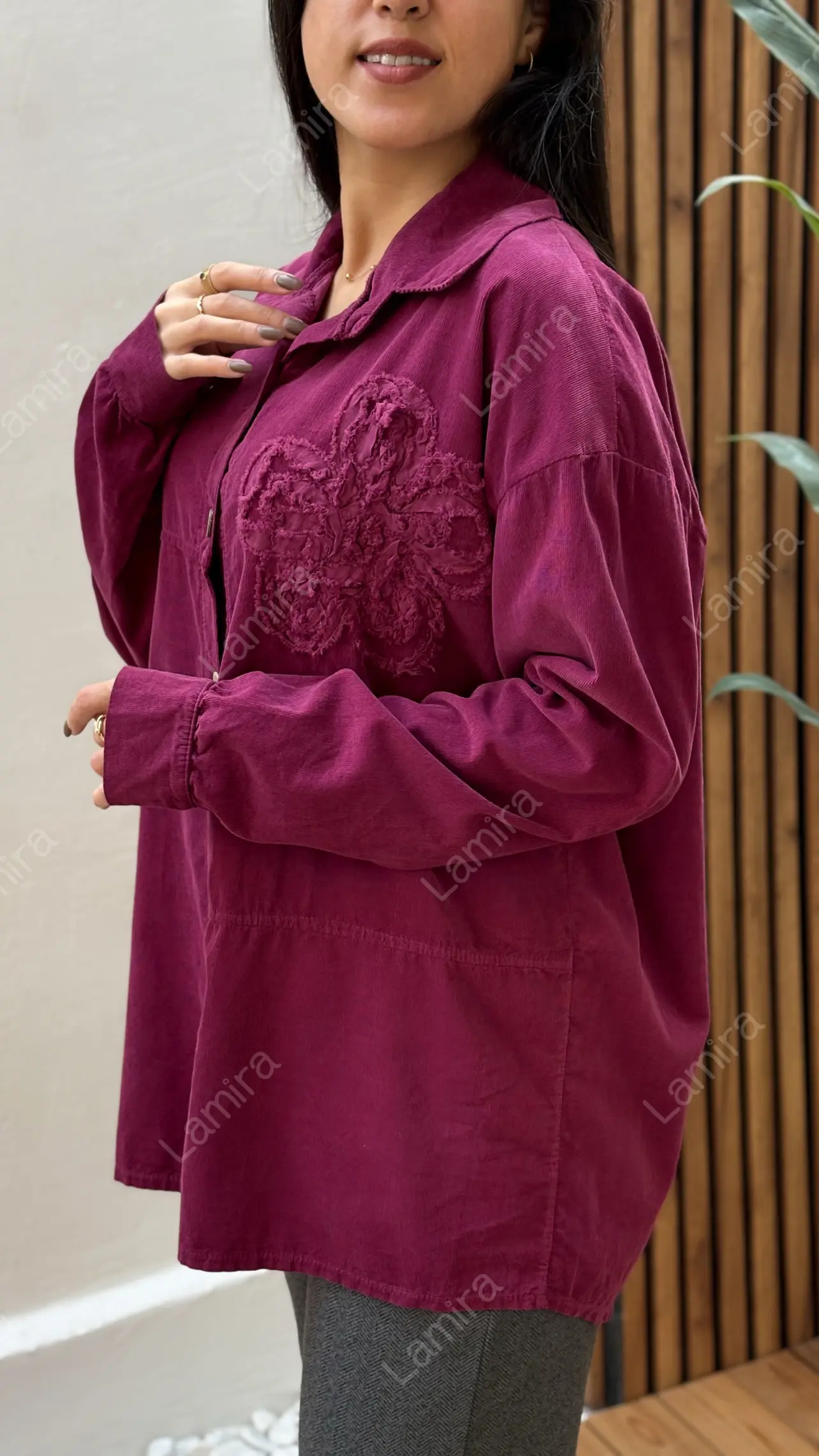 شومیز مانتویی مخمل کبریتی ایتالیایی طرح تگ گل