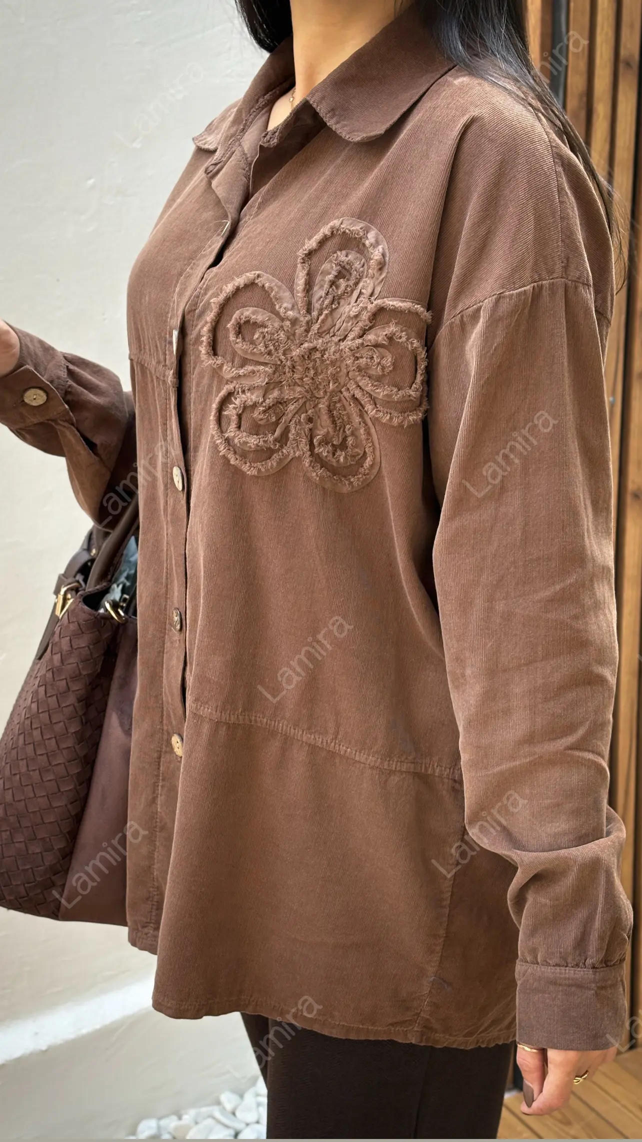 شومیز مانتویی مخمل کبریتی ایتالیایی طرح تگ گل