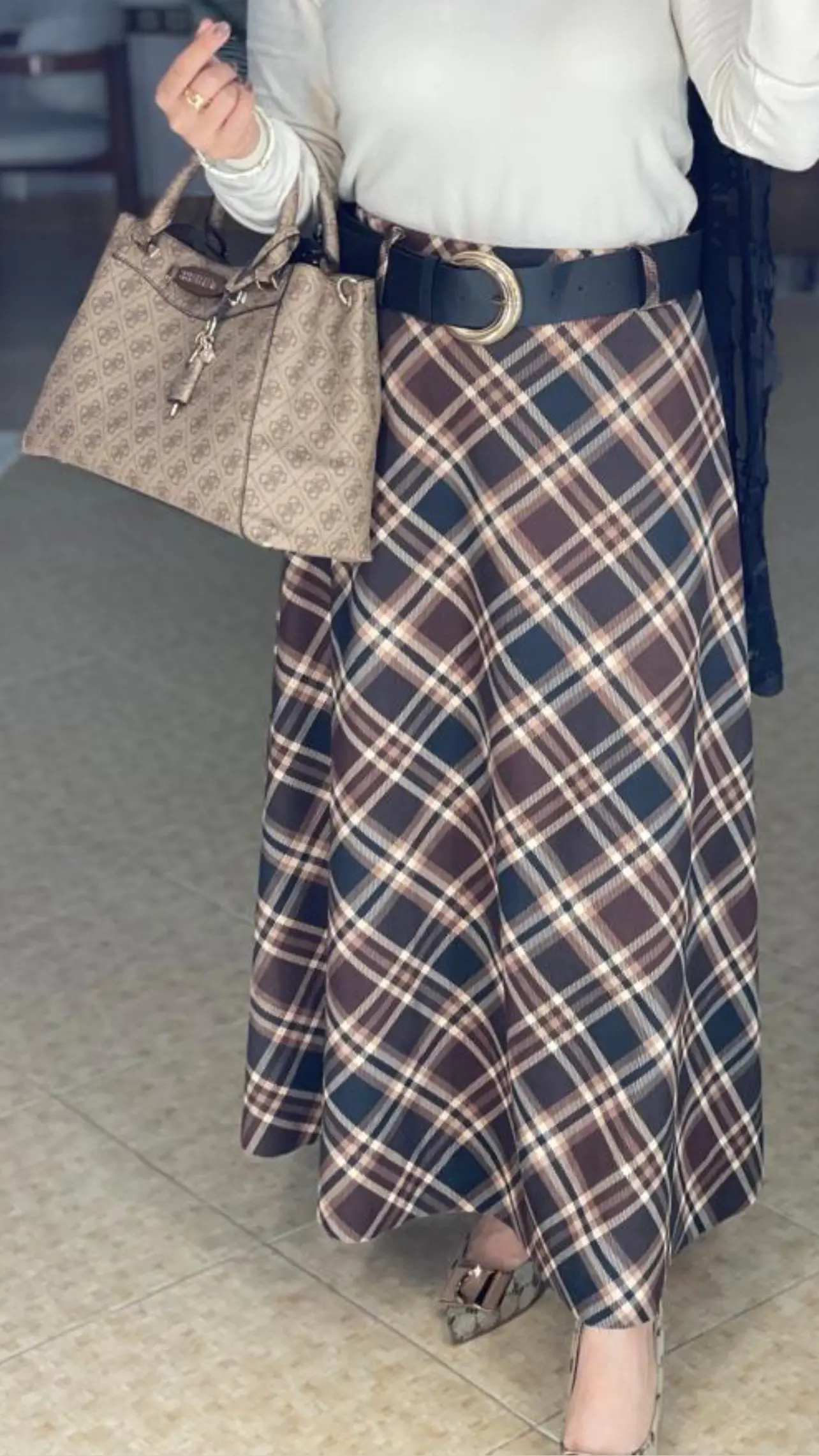 دامن کمربند دار موهر پاییزی چهارخونه