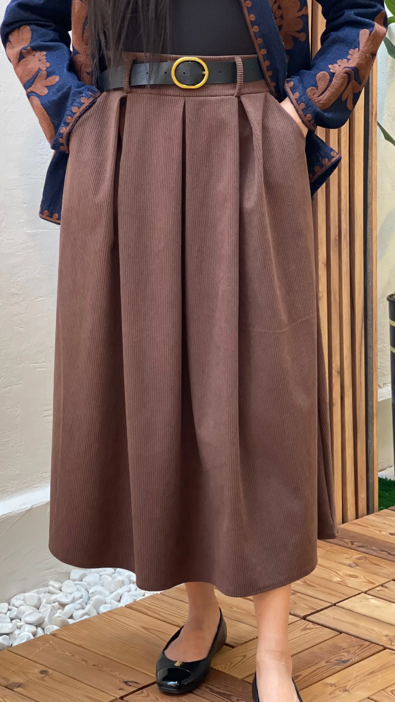 دامن مخمل کبریتی کمربنددار