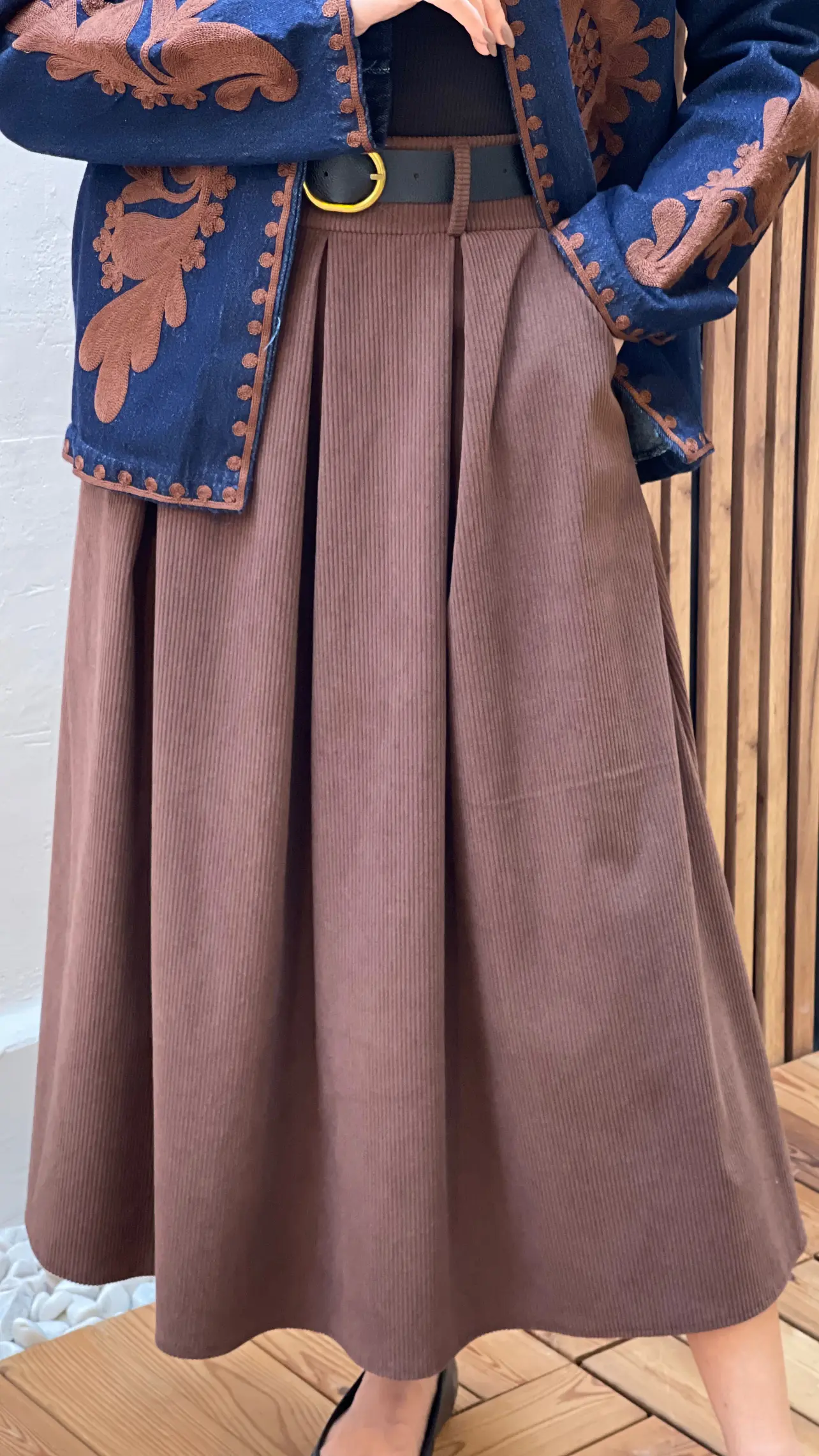 دامن مخمل کبریتی کمربنددار